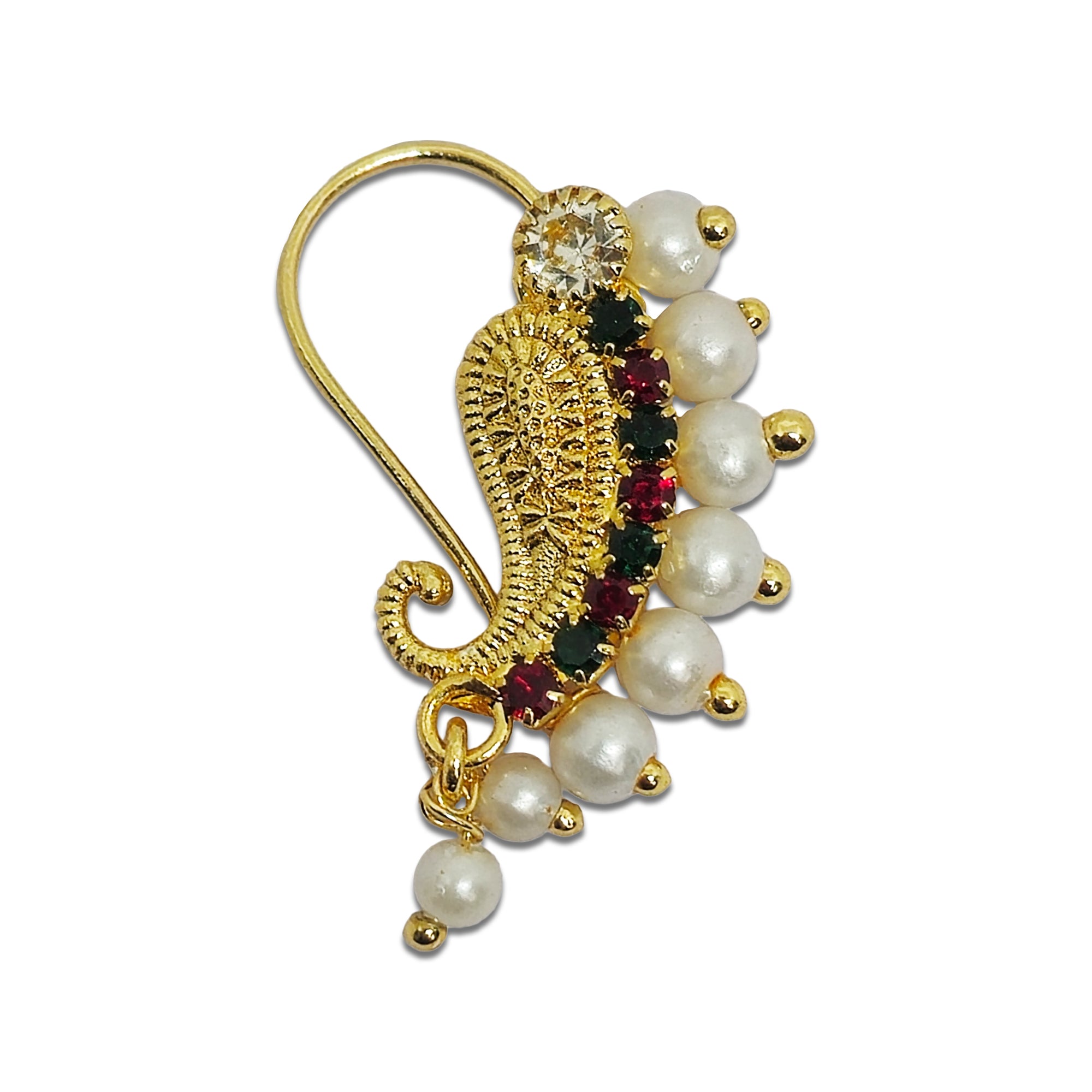 Comet Busters golden nose ring featuring an ornate paisley design embellished with white pearl beads, clear crystals, and red and green stones for a traditional and festive look.