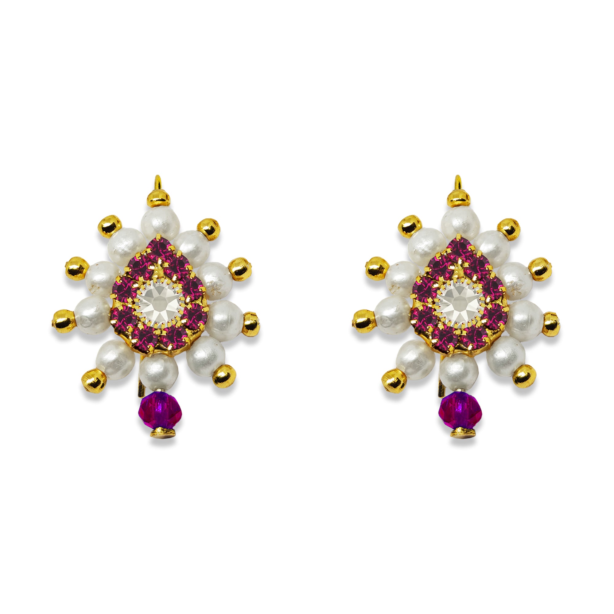 Comet Busters gold-tone floral dangle nose studs featuring pink crystals, a clear center stone, white pearl beads, and a pink hanging bead for a festive traditional look.