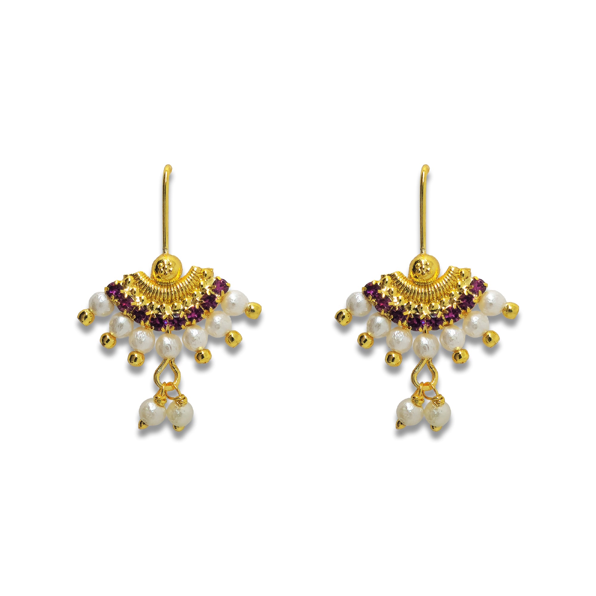 Comet Busters gold-tone chandbali earcuff with magenta crystal accents, white pearl beads, and dangling pearl charms on a white background.