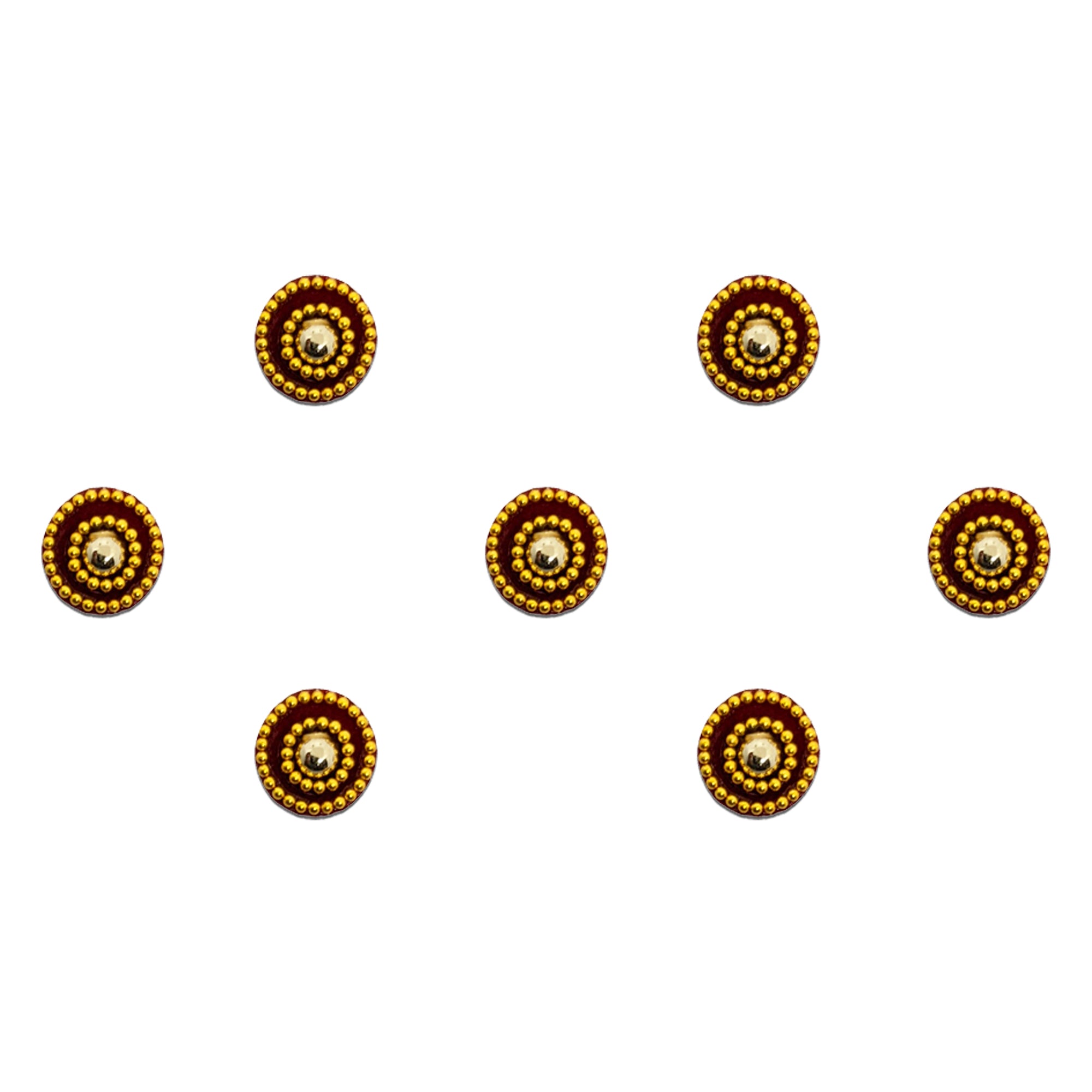 Comet Busters antique gold round bindis featuring concentric bead detailing with metallic center stone accents in a traditional circular ethnic design for festive and cultural wear.