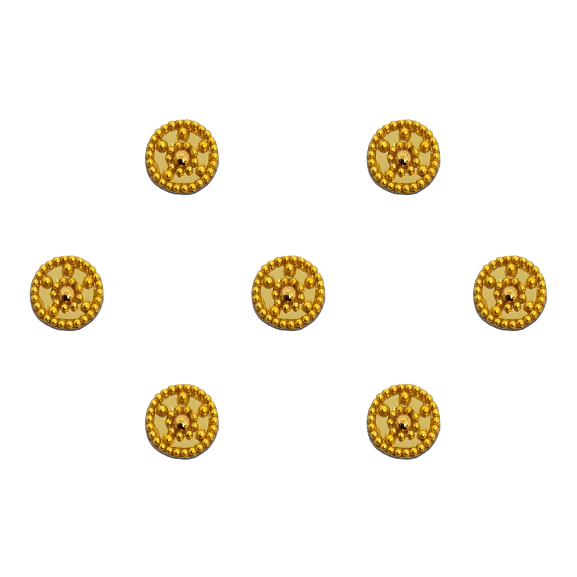 Comet Busters premium antique gold round bindis featuring intricate bead detailing with a raised central dome design in a traditional ethnic pattern for festive and cultural wear styling.