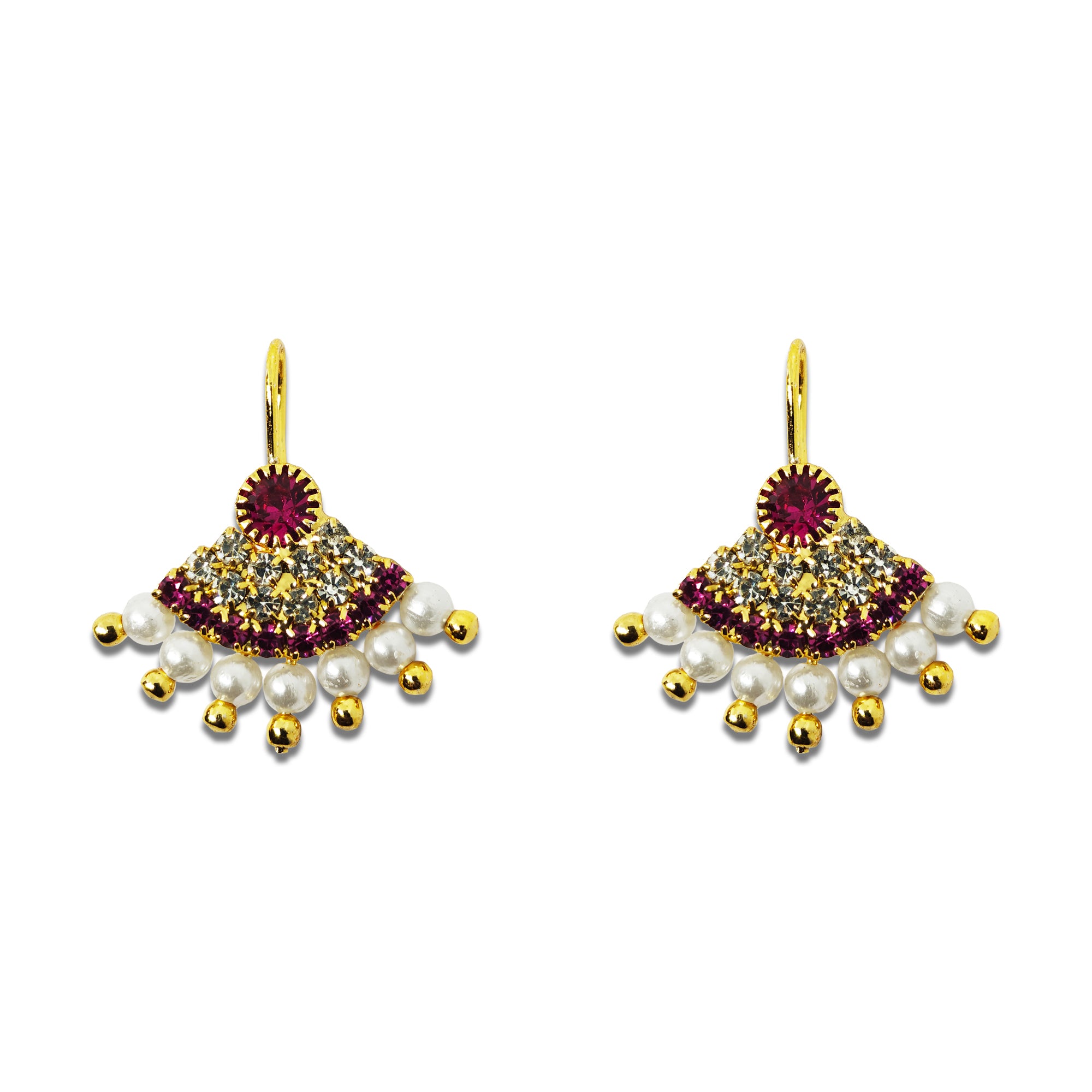 Comet Busters gold-tone dangle nose studs with ruby red and clear crystals, white pearl beads and decorative hanging design for women and girls.