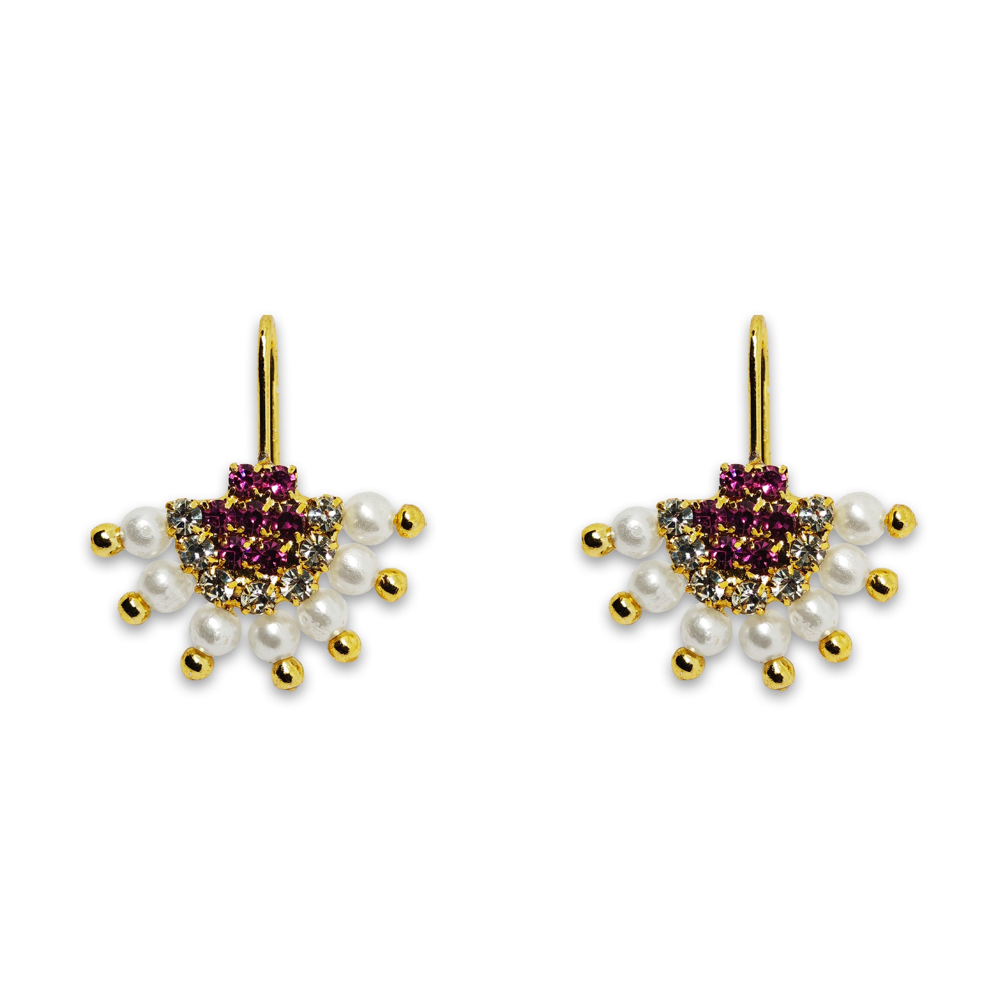 Comet Busters gold-tone floral dangle nose studs featuring ruby red crystals, clear sparkling stones, and white pearl beads for a traditional and festive look.