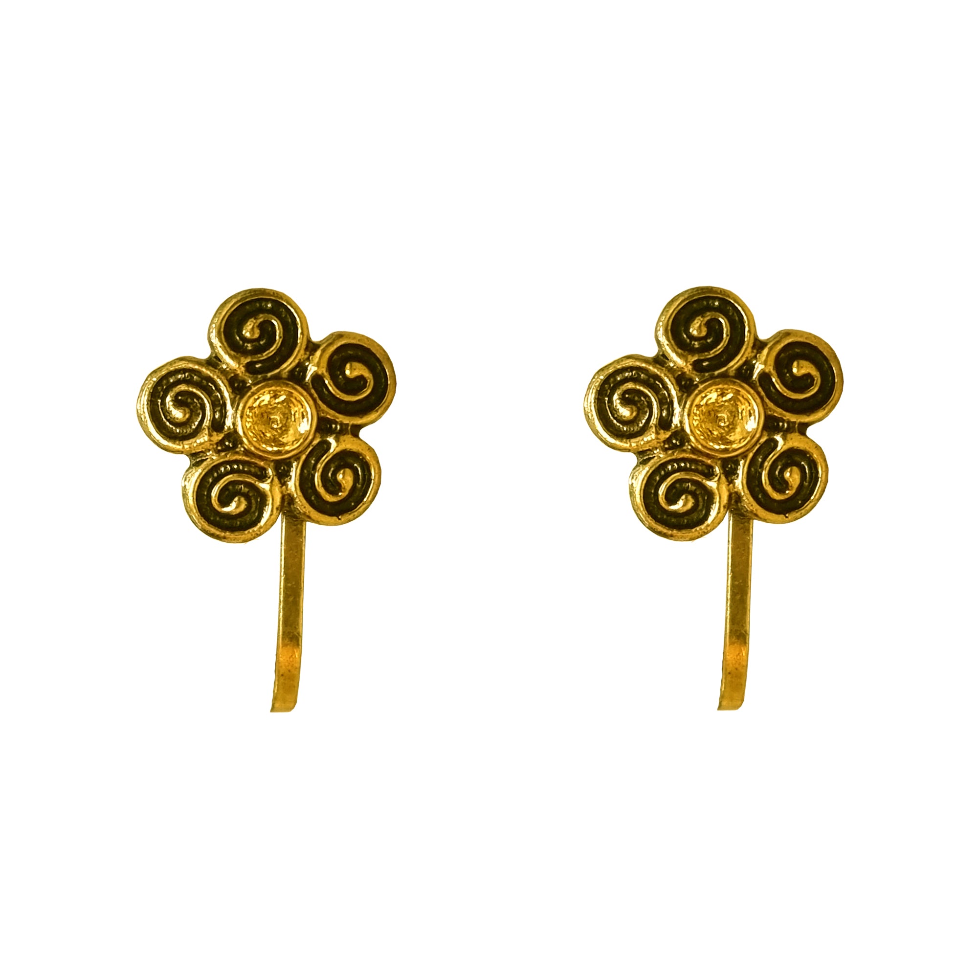 Comet Busters gold-tone floral nose stud featuring five curled spiral petals and a detailed round center, with a long stick design for easy application.
