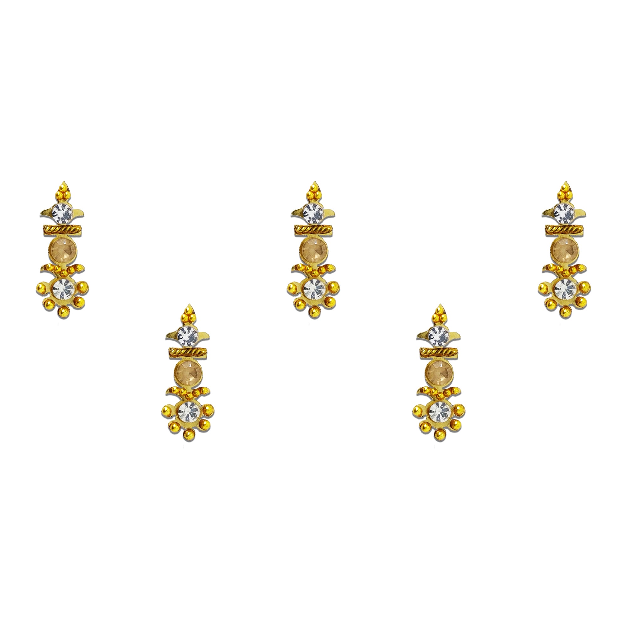 Comet Busters gold stone designer bindi sheet featuring reusable self-adhesive bindis embellished with sparkling white crystals, champagne stones, and intricate gold bead detailing. Elegant premium bindis for women and girls, ideal for weddings, festive celebrations, parties, traditional wear, and special occasions.