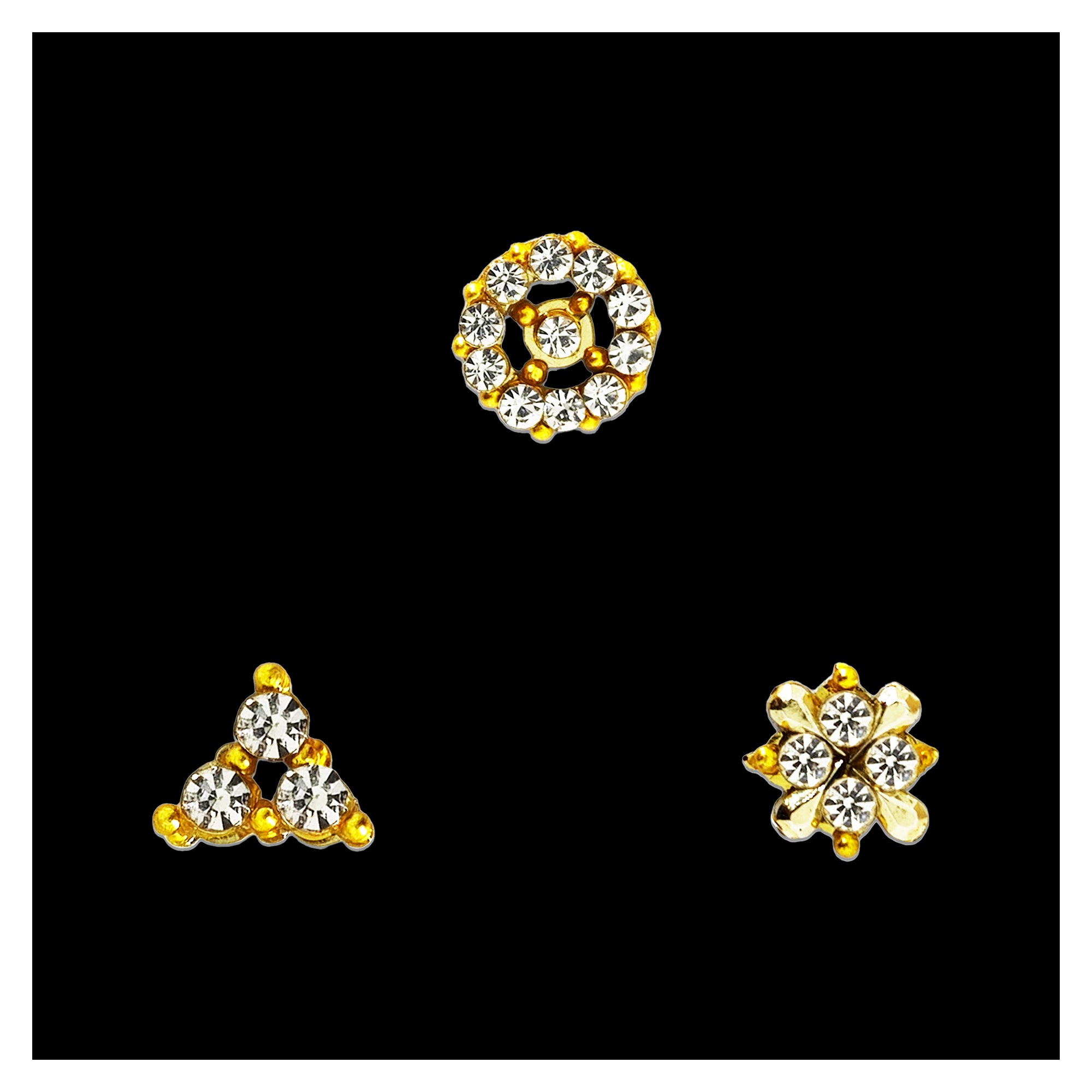 Comet Busters gold tone stick-on nose stud featuring sparkling clear crystals in round, floral and geometric designer patterns