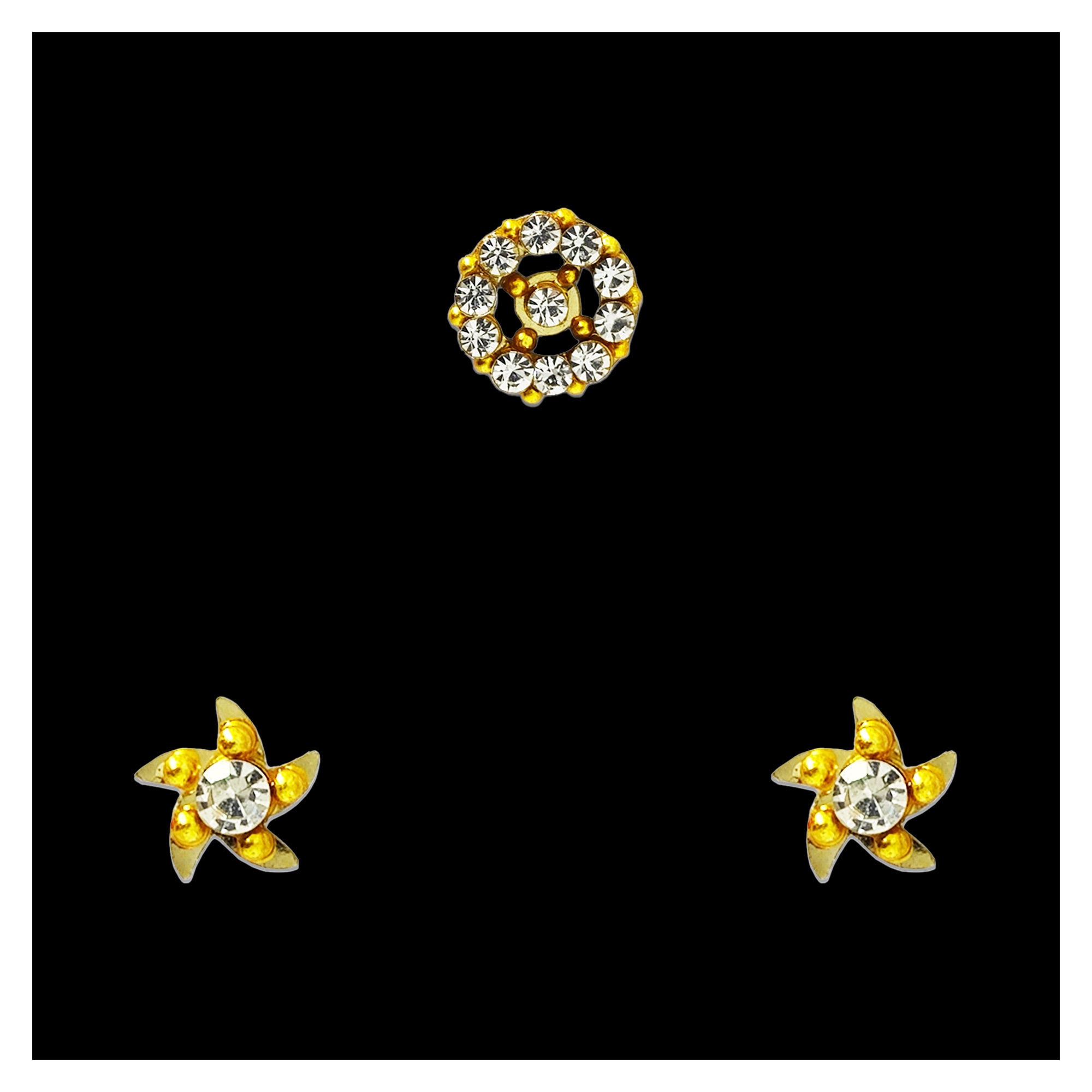 Comet Busters gold tone stick-on nose stud featuring a clear crystal center with an elegant floral star-shaped gold design