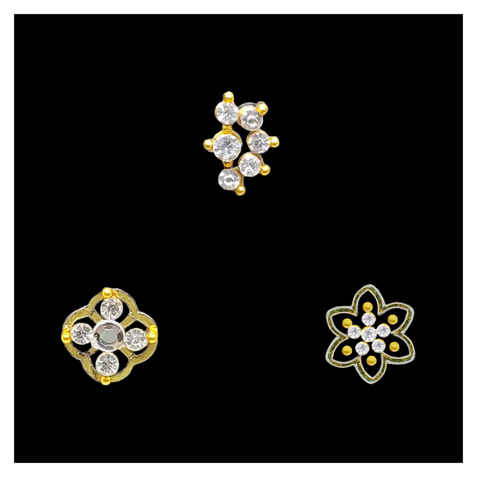 Comet Busters gold tone stick-on nose stud featuring sparkling clear crystals in elegant floral and geometric designer patterns