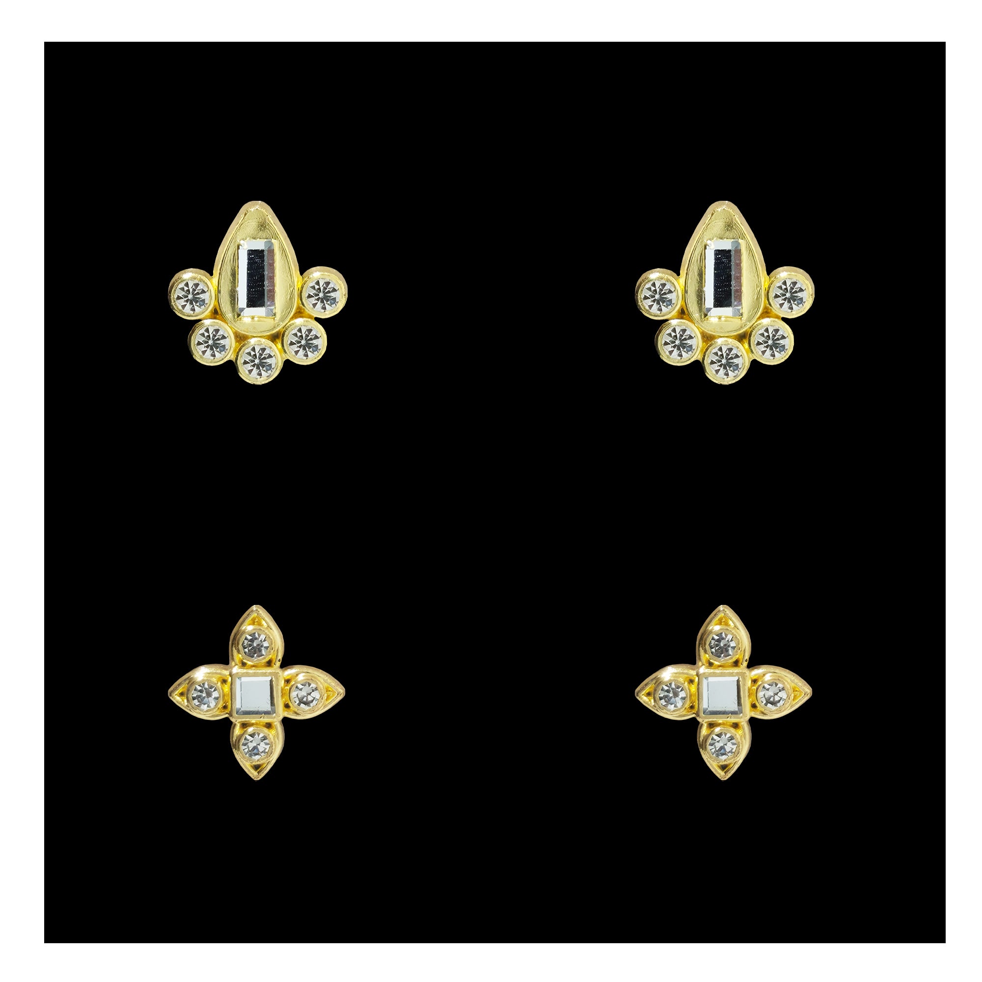 Comet Busters gold tone geometric ear studs featuring square and floral-inspired designs with clear crystal stones for women and girls