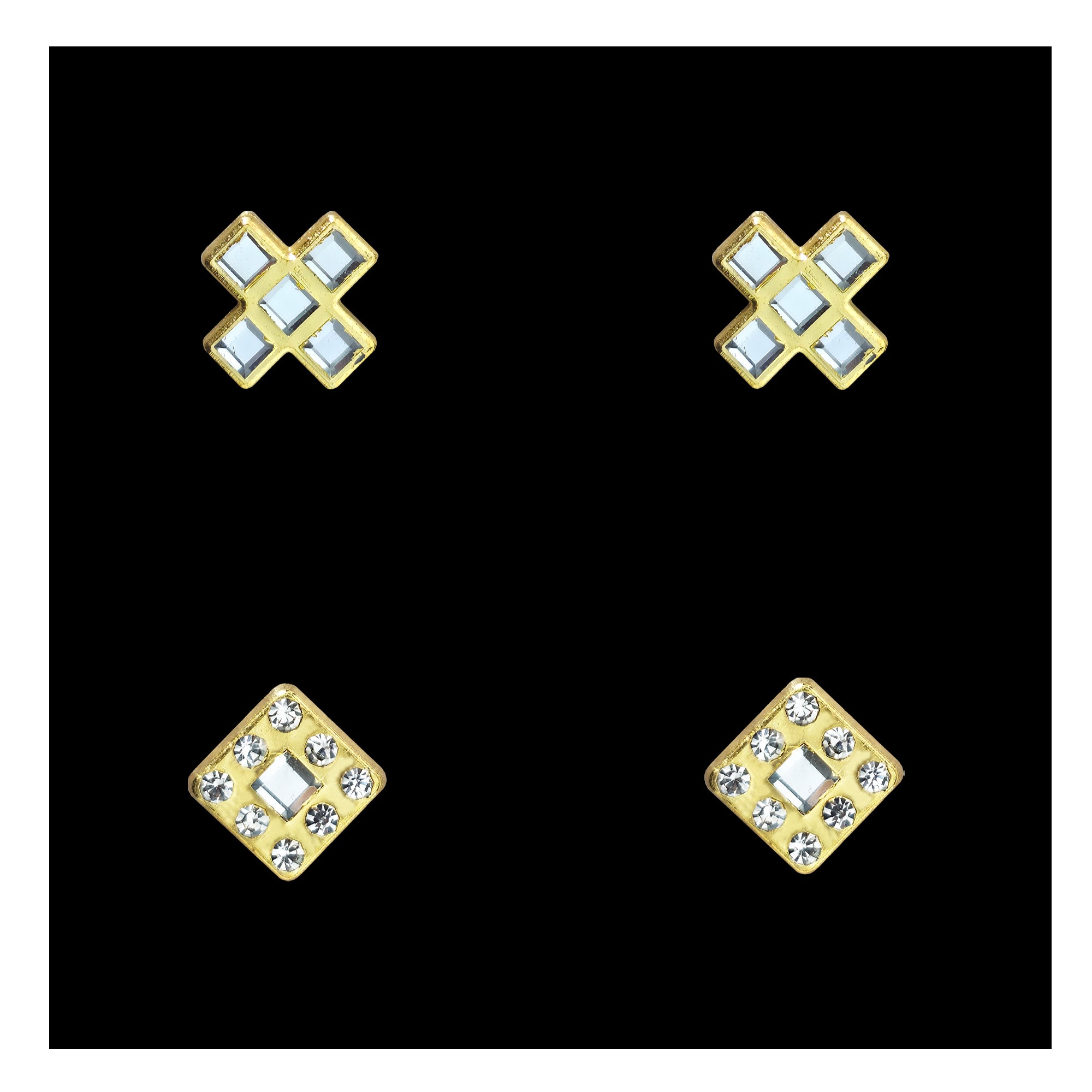 Comet Busters gold tone geometric square ear studs featuring clear crystal stones in cross and diamond-shaped designs for women and girls