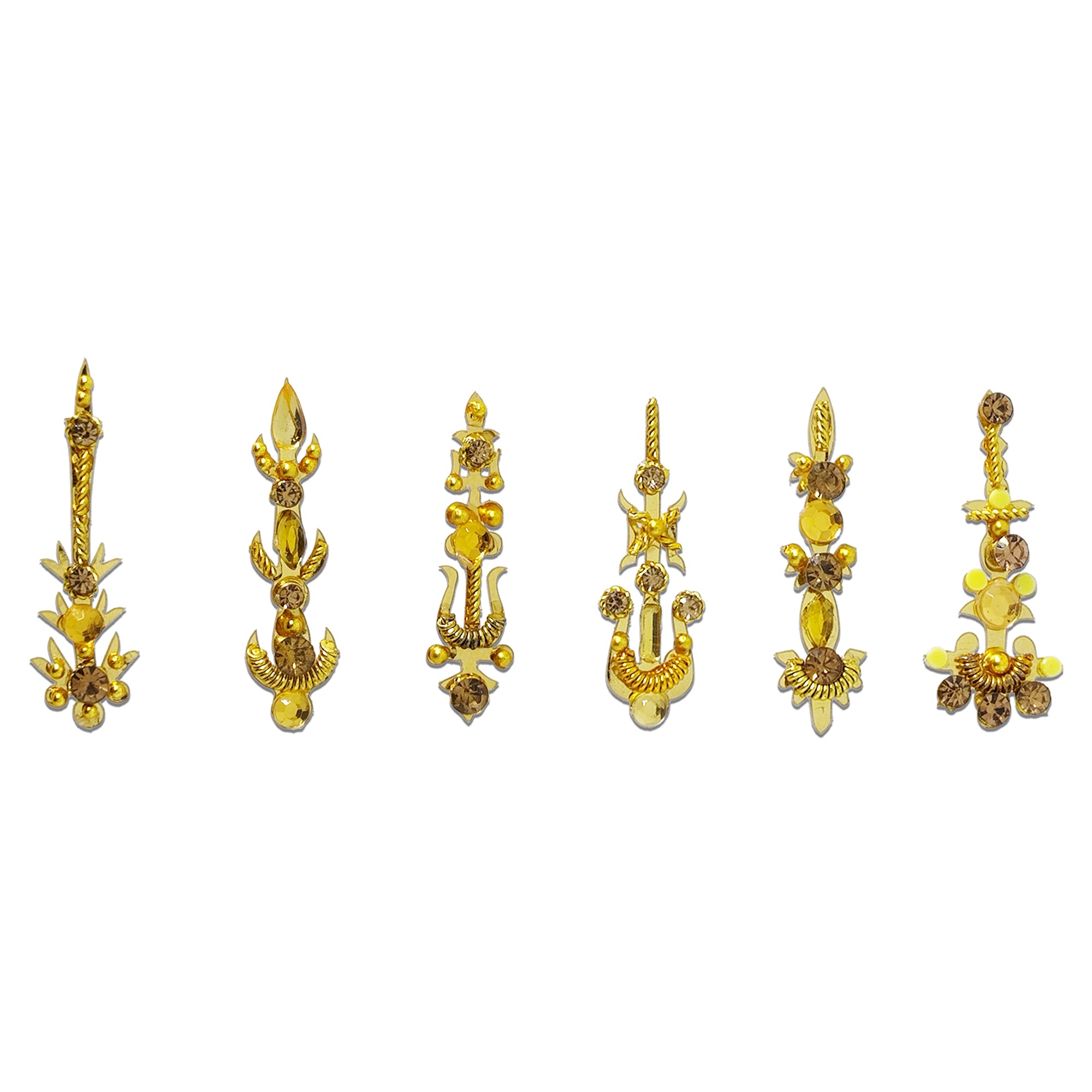 Comet Busters gold traditional designer bindi set featuring Trishul, temple-inspired, floral, and ethnic motifs embellished with golden stones and crystal accents. Reusable self-adhesive bindis for women and girls, perfect for Navratri, Diwali, weddings, festive celebrations, religious occasions, sarees, lehengas, kurtis, and traditional Indian wear.