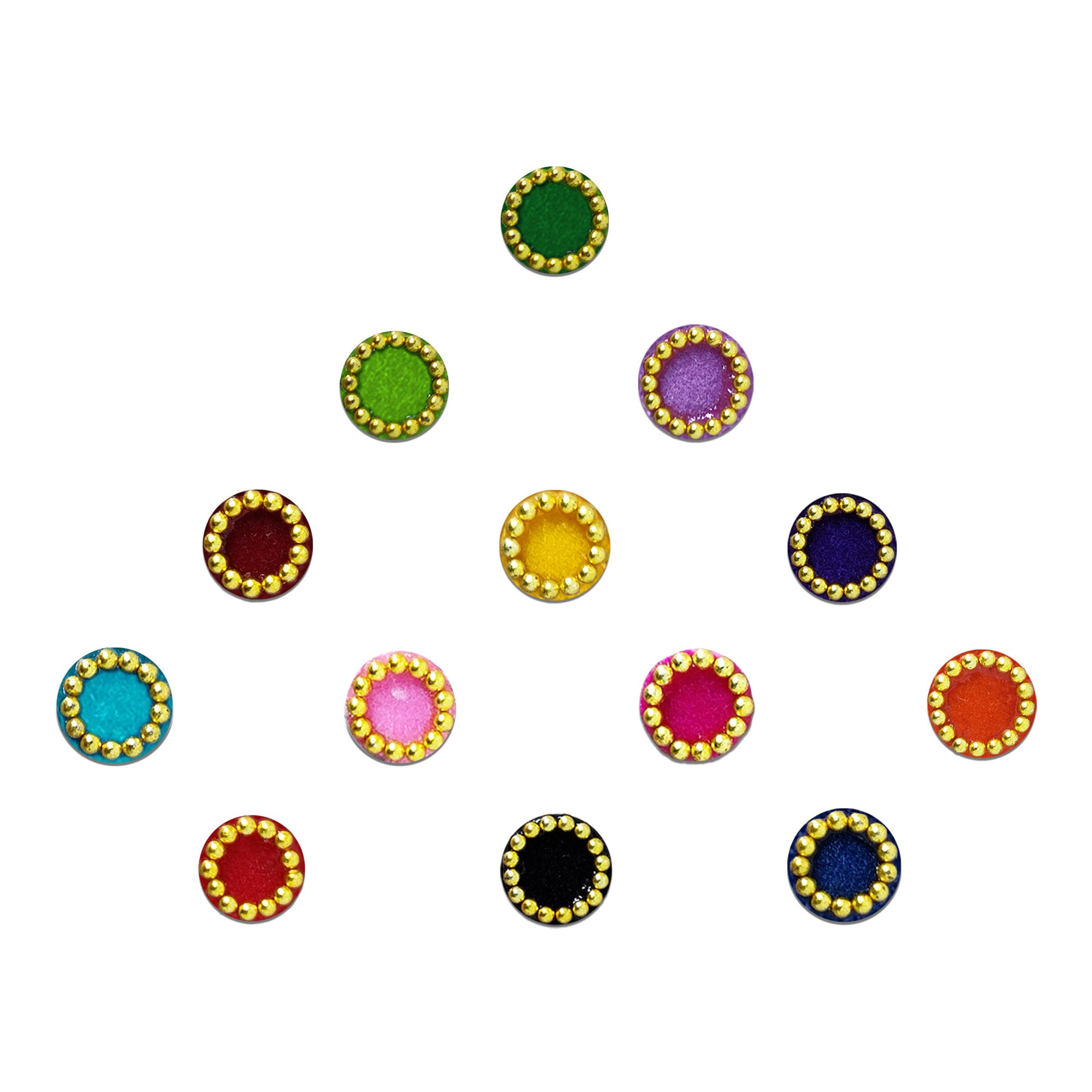 Comet Busters Golden Bead Border Velvet Bindi featuring 5mm round multicolor velvet bindis with an elegant gold bead border. Premium self-adhesive forehead bindis available in green, lime green, lavender, maroon, mustard yellow, royal blue, turquoise, baby pink, hot pink, orange, red, black, and navy blue. Perfect for women and girls for daily wear, festivals, weddings, temple visits, traditional ceremonies, and ethnic or contemporary fashion.
