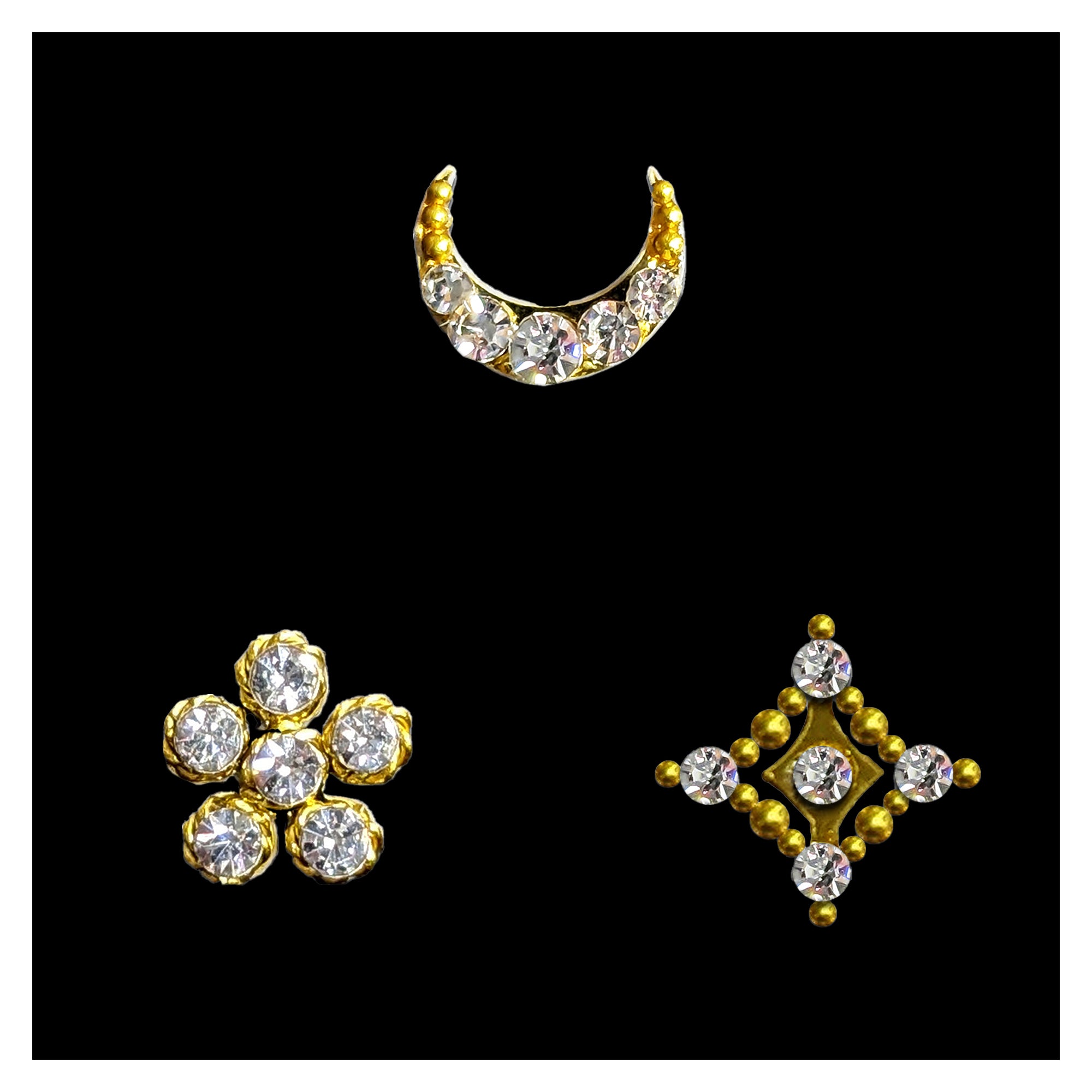 Comet Busters golden crescent moon nose stud embellished with sparkling clear crystal stones for women and girls