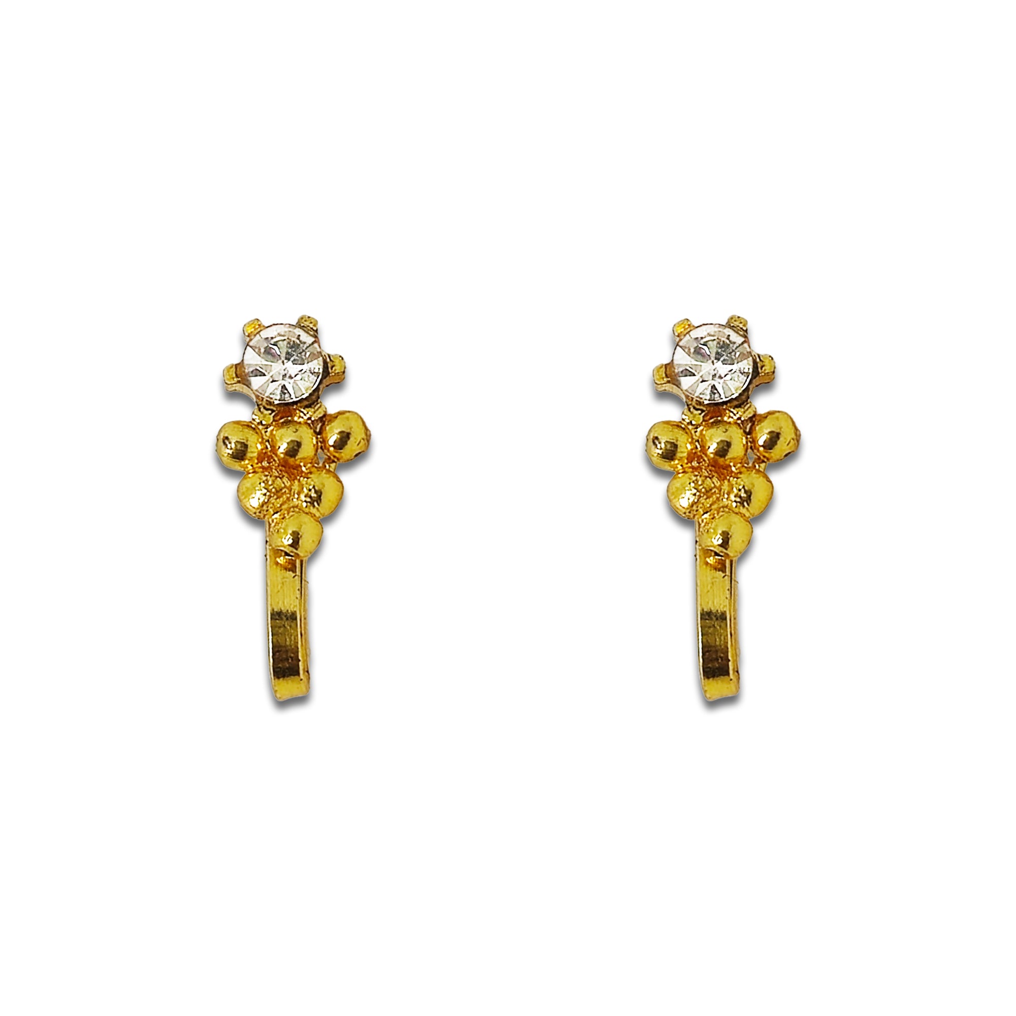 Comet Busters golden nose stud featuring a clear round crystal at the top with intricate golden bead detailing in a floral-inspired pattern and a sleek stick fitting, perfect for traditional and festive looks.