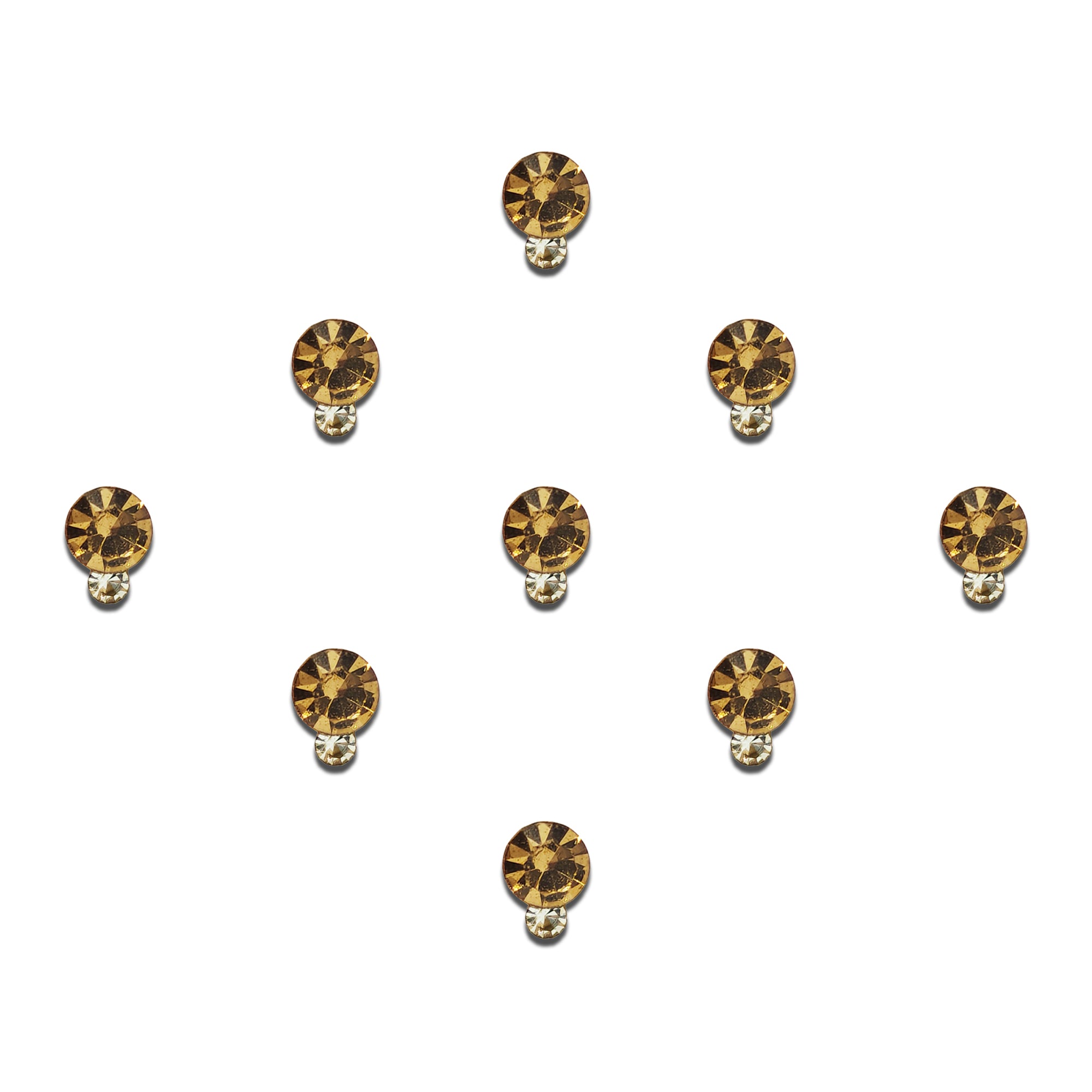 Comet Busters golden crystal bindis featuring elegant round champagne-tone stones with tiny crystal drop accents, perfect for festive, bridal, party, and ethnic wear for women and girls.