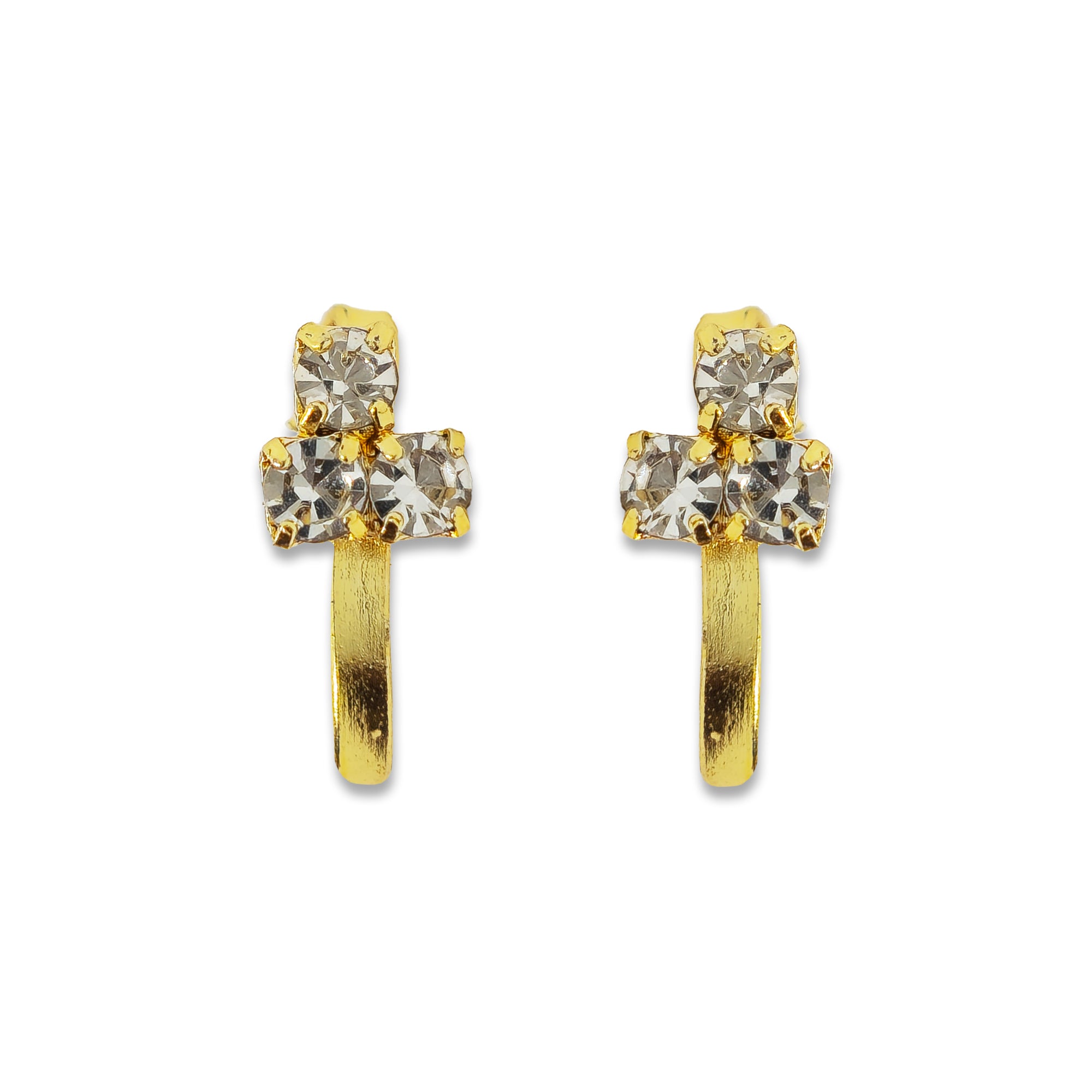 Comet Busters golden nose stud featuring a sparkling crystal bow-shaped design with three clear faceted stones and a sleek stick fitting, perfect for elegant festive and traditional looks.