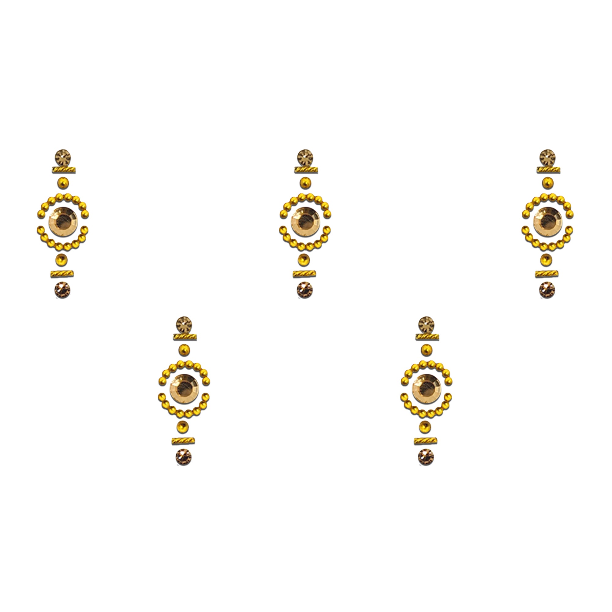 Comet Busters Gold-tone designer bindi featuring a faceted crystal center stone, dotted circular bead border, and vertical crystal accents for a festive traditional look.