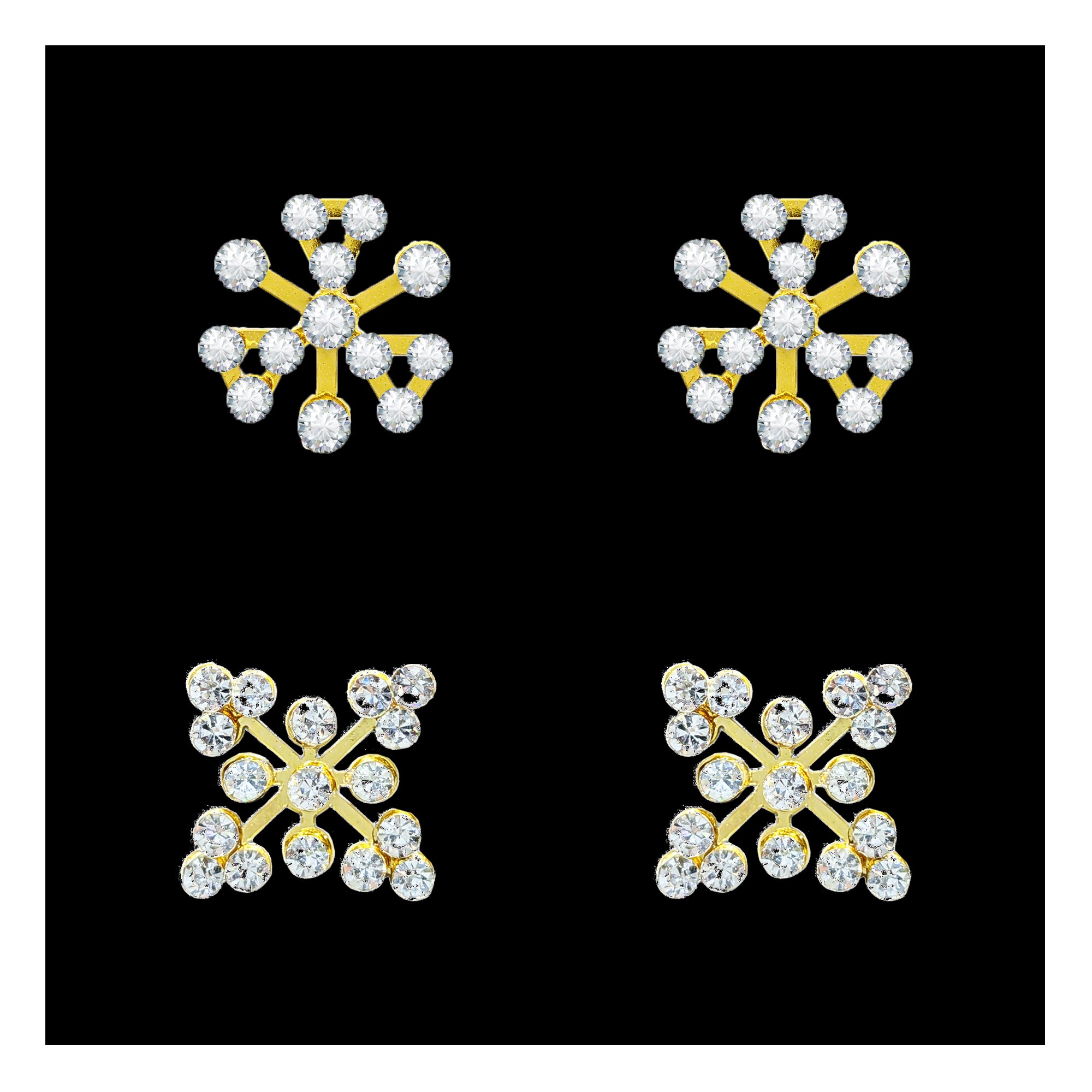 Comet Busters Golden Designer Ear Stud with Clear Crystal Cluster Detailing and Geometric Floral Pattern for Women and Girls