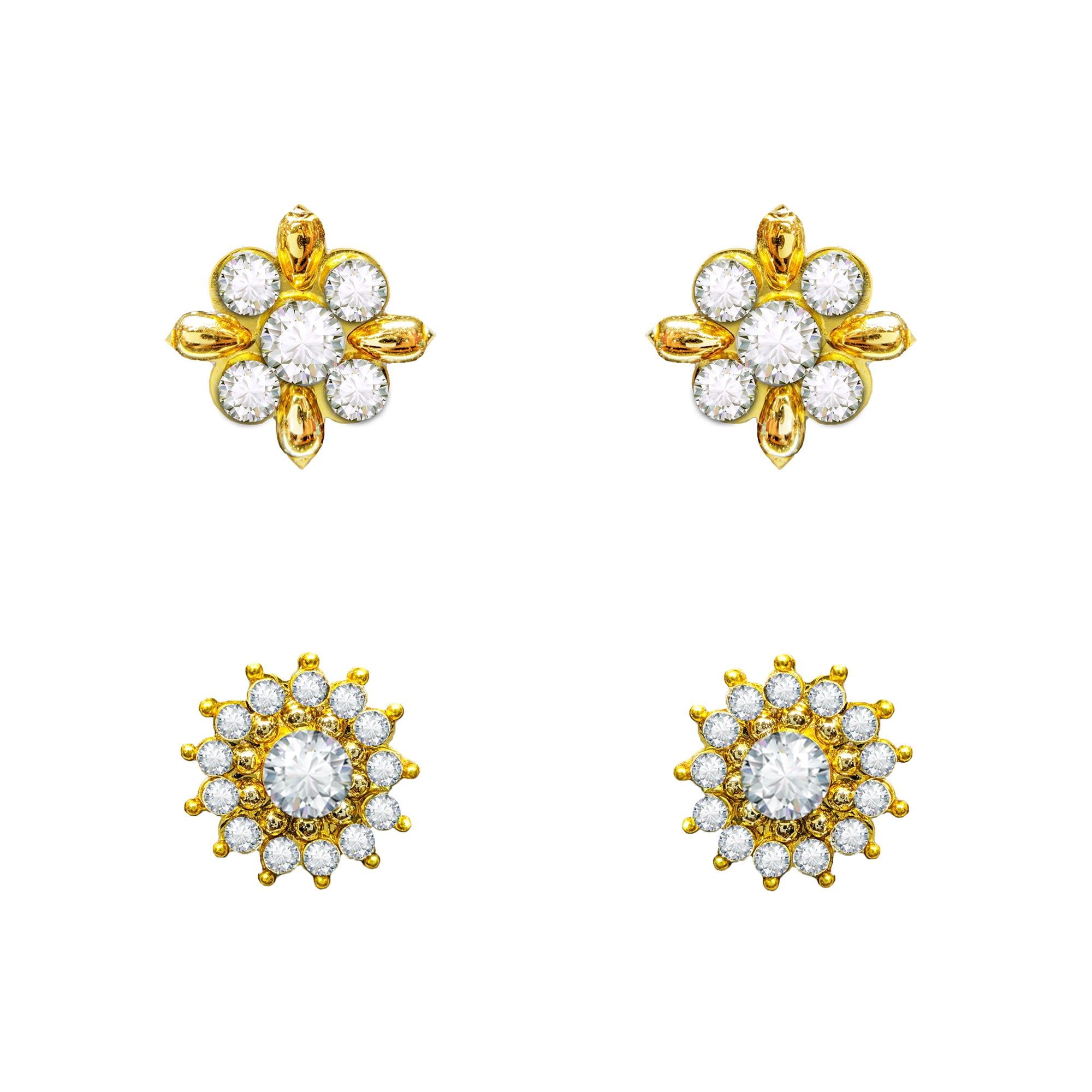 Comet Busters Golden Floral Designer Ear Stud with Clear Crystal Stones and Intricate Gold Finish for Women and Girls