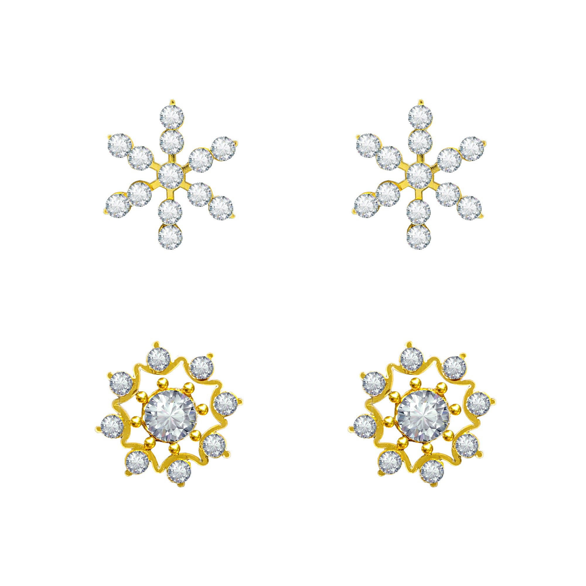 Comet Busters Golden Designer Ear Stud with Clear Crystal Starburst and Floral Patterns for Women and Girls