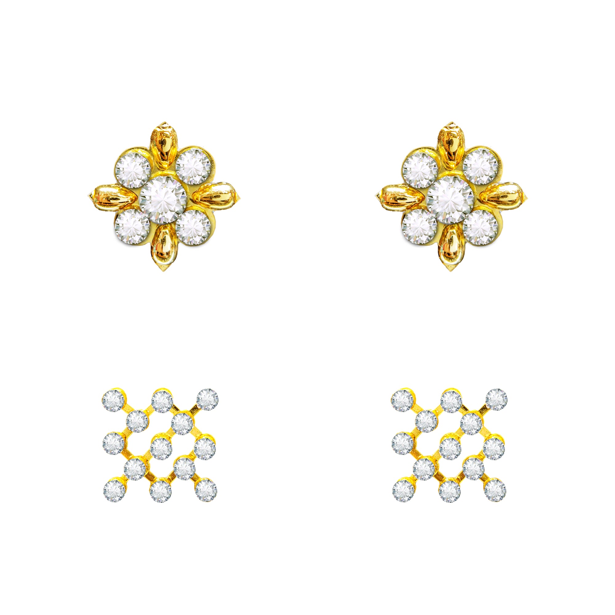 Comet Busters Golden Ear Stud Set with Floral Crystal and Geometric Rhinestone Designs for Women and Girls