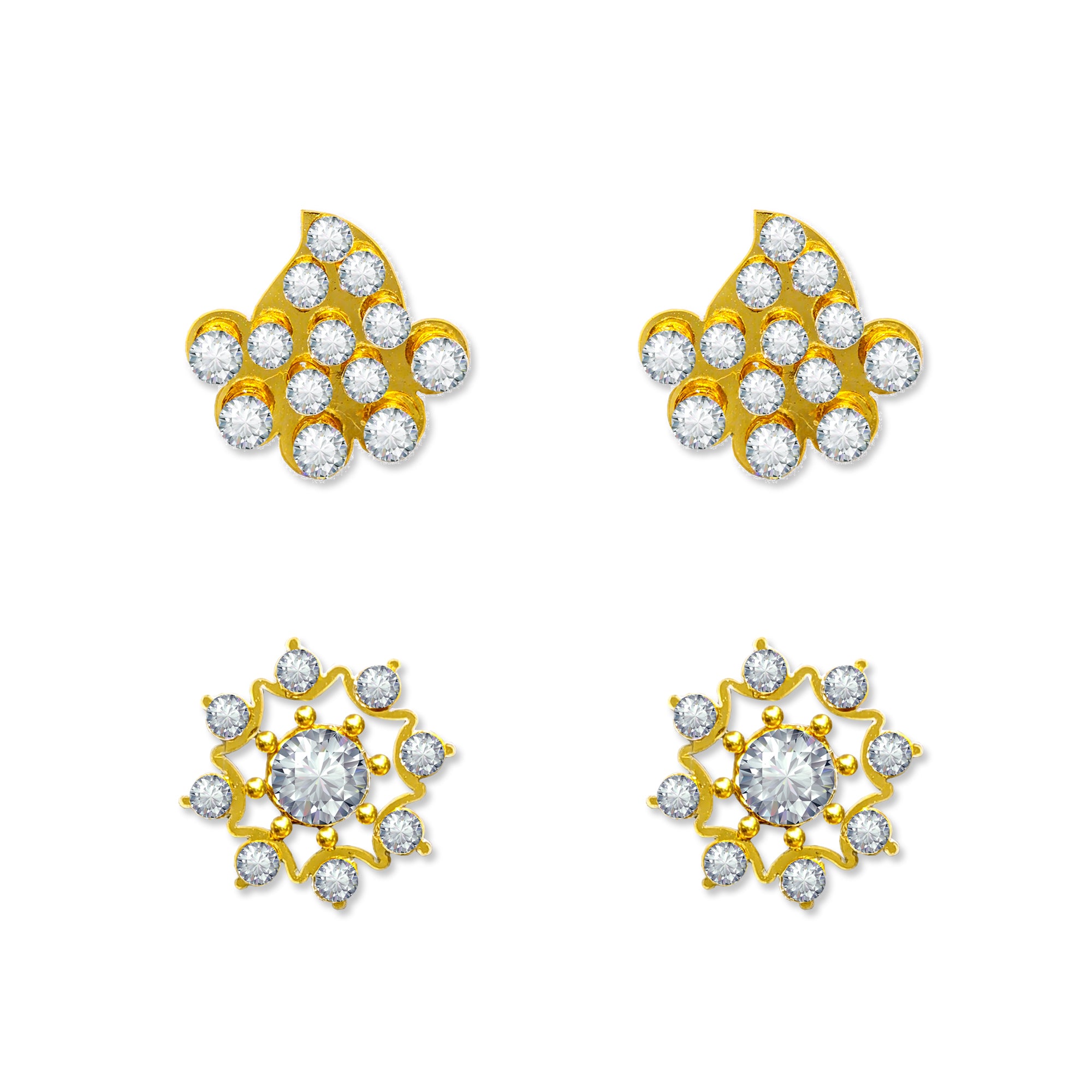 Comet Busters Golden Designer Ear Stud Set featuring Clear Crystal Floral and Geometric Patterns for Women and Girls