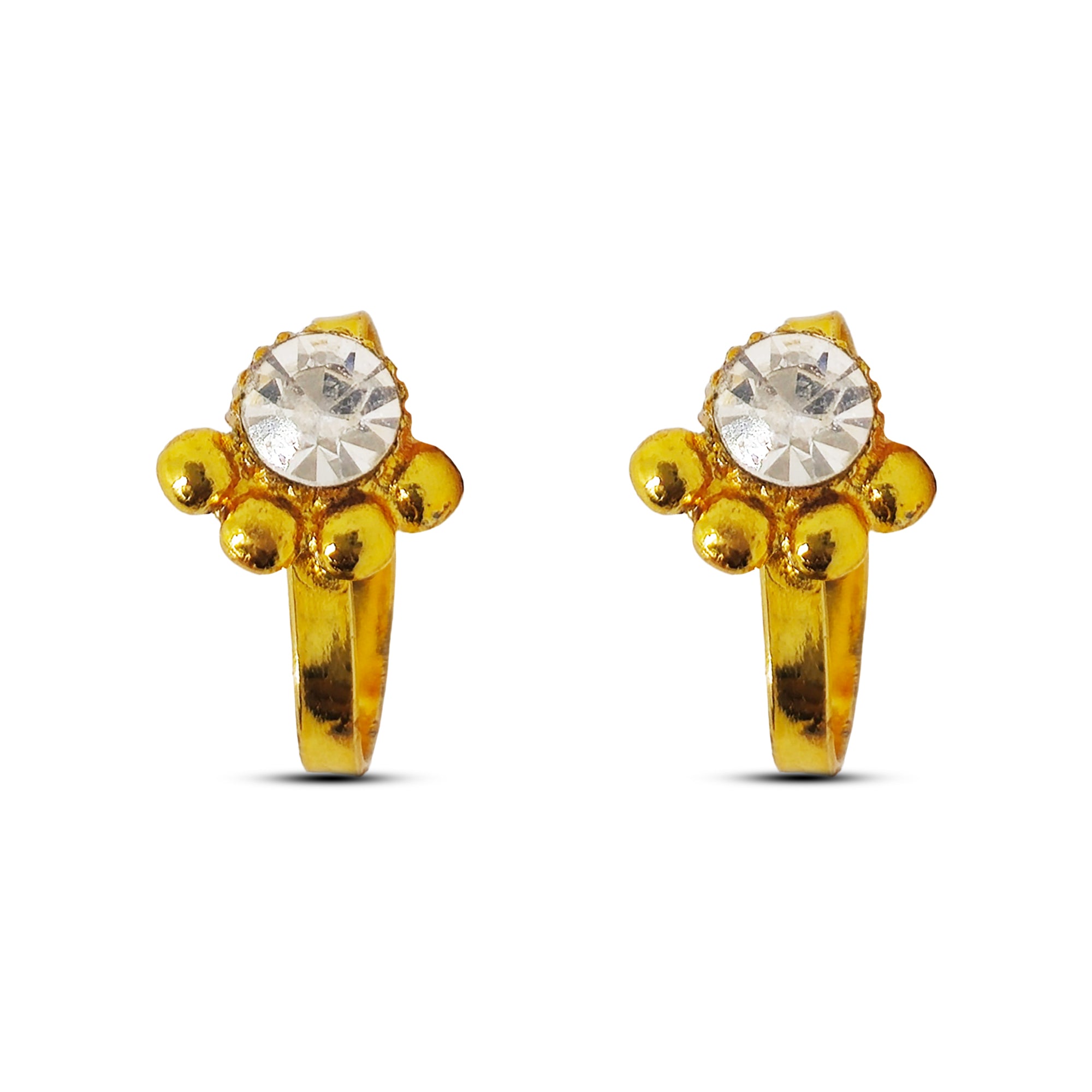 Comet Busters golden crystal floral stick-on nose studs featuring a round clear rhinestone surrounded by four golden bead accents in a flower-inspired design.