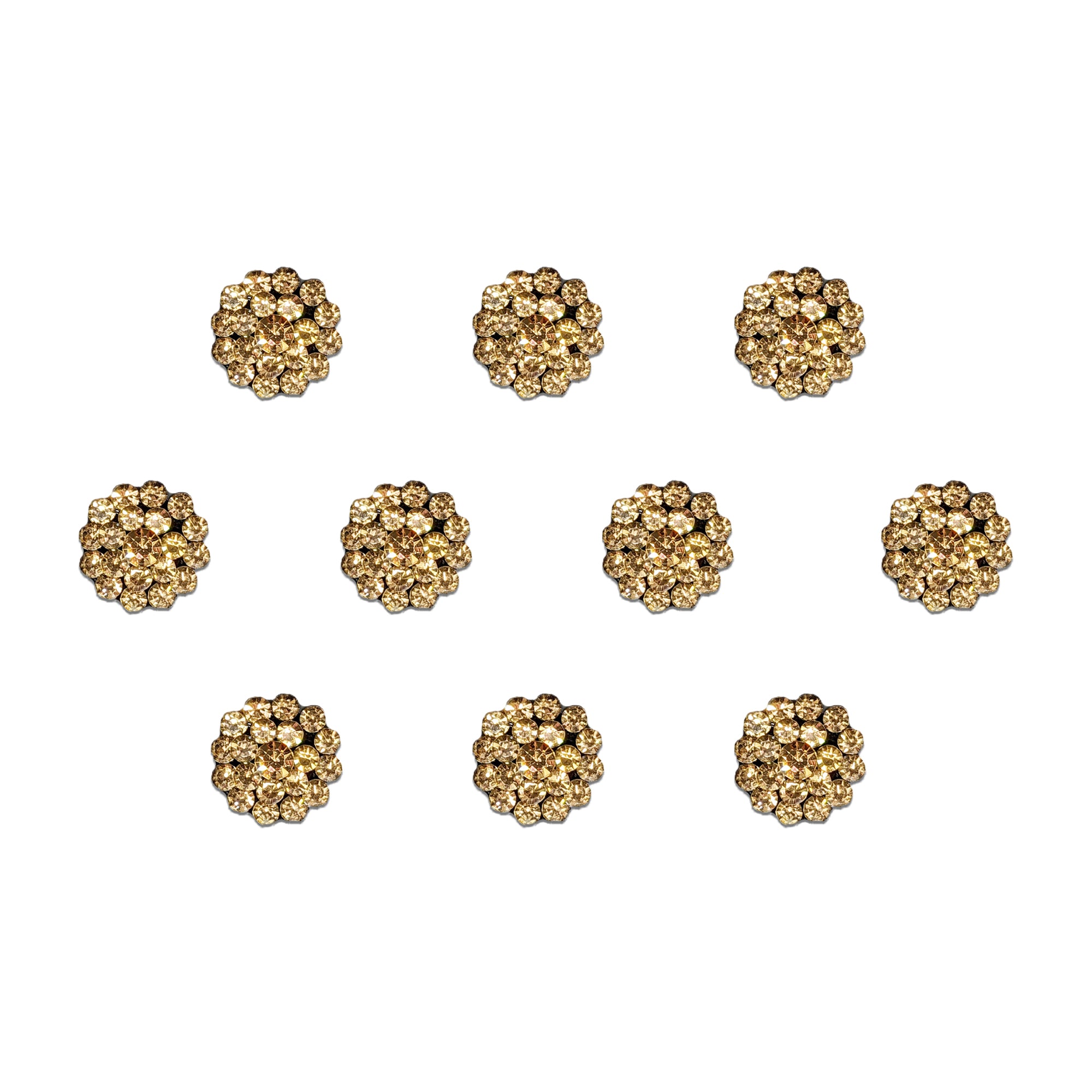 Comet Busters Golden Blossom Crystal Bindi featuring sparkling champagne-gold rhinestones arranged in an elegant floral round pattern. Premium self-adhesive designer bindis perfect for bridal wear, weddings, festive occasions, parties, and traditional ethnic fashion.