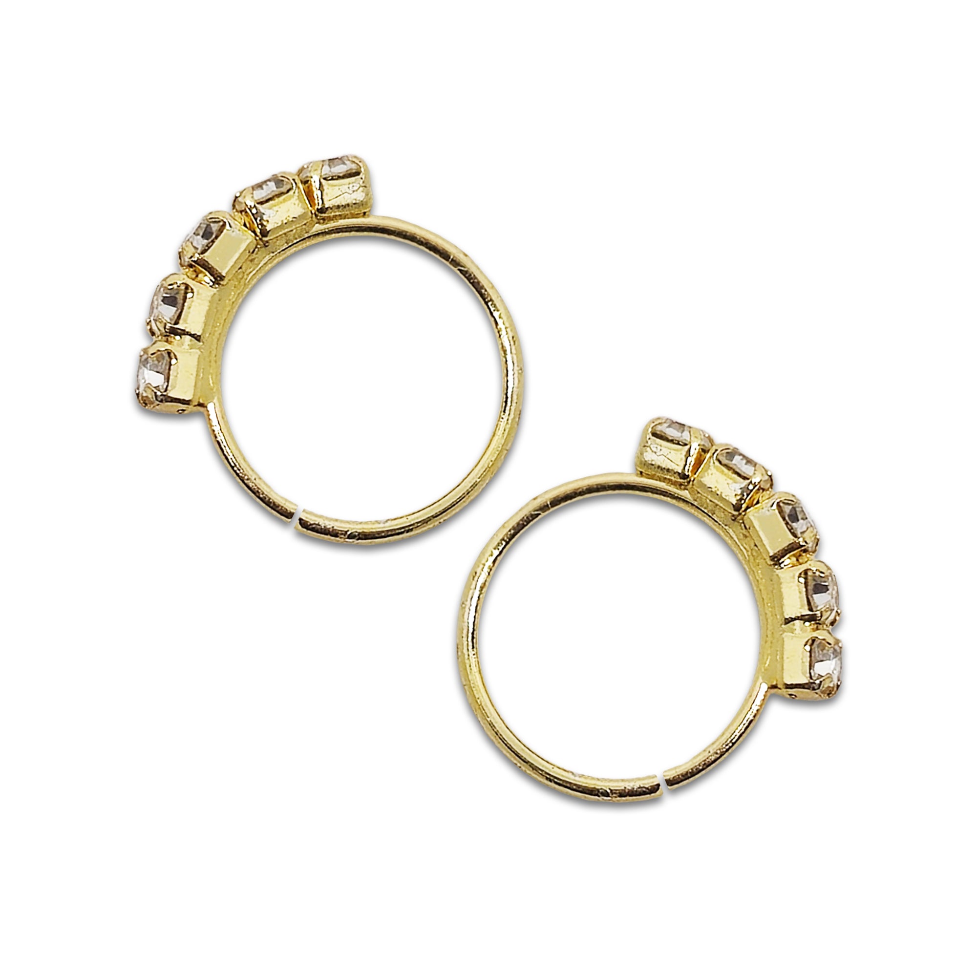 Comet Busters golden crystal half-hoop stick-on nose studs featuring multiple clear faceted stones set along the upper curve for an elegant traditional look.