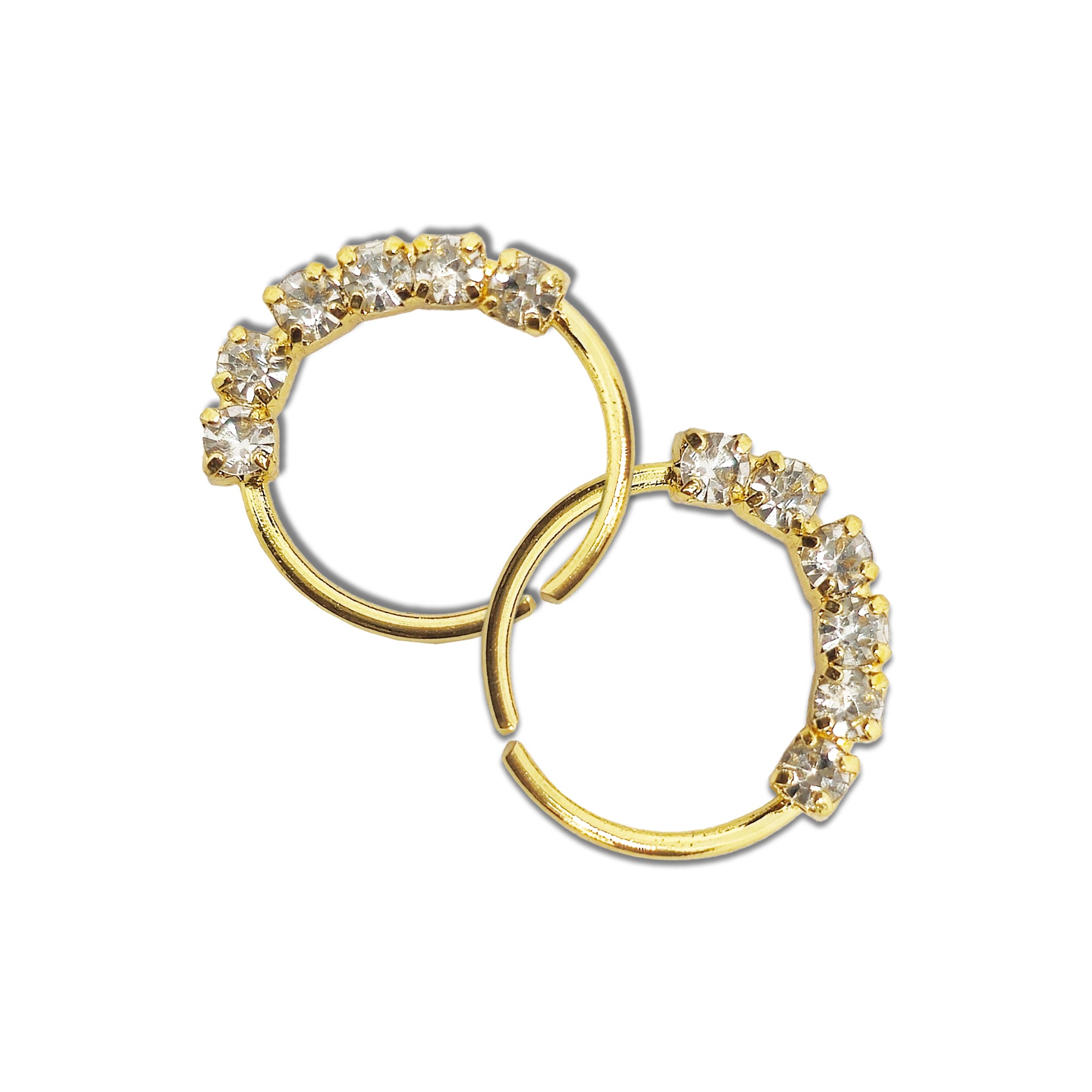 Comet Busters golden crystal hoop stick-on nose studs featuring a half-circle design embellished with sparkling clear stones for an elegant traditional look.