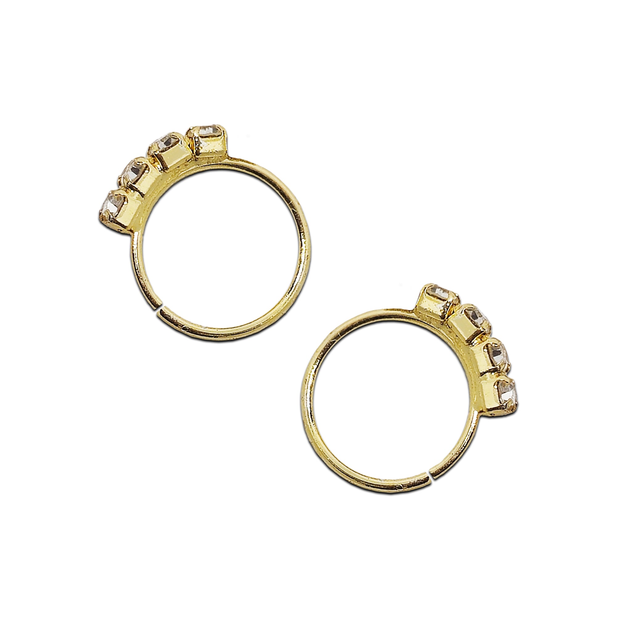 Comet Busters golden crystal hoop stick-on nose studs featuring two clear sparkling stones and an open hoop design for an elegant traditional look.