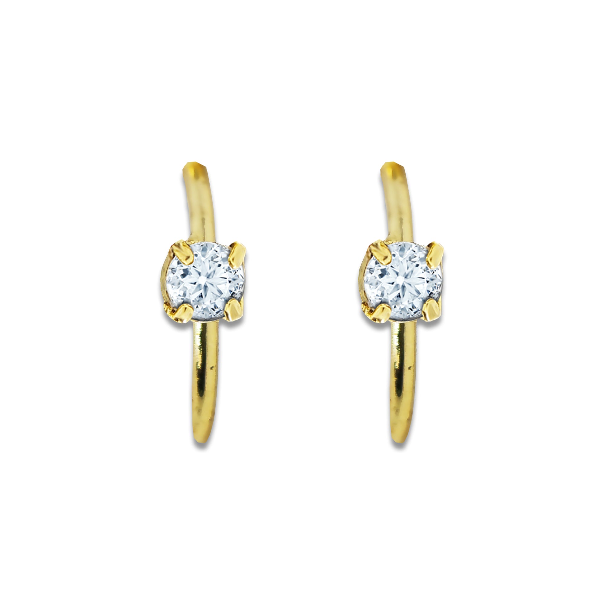 : Comet Busters golden nose stud featuring a brilliant round clear crystal centerpiece secured in a four-prong setting with a sleek curved stick fitting, perfect for elegant everyday and festive looks.