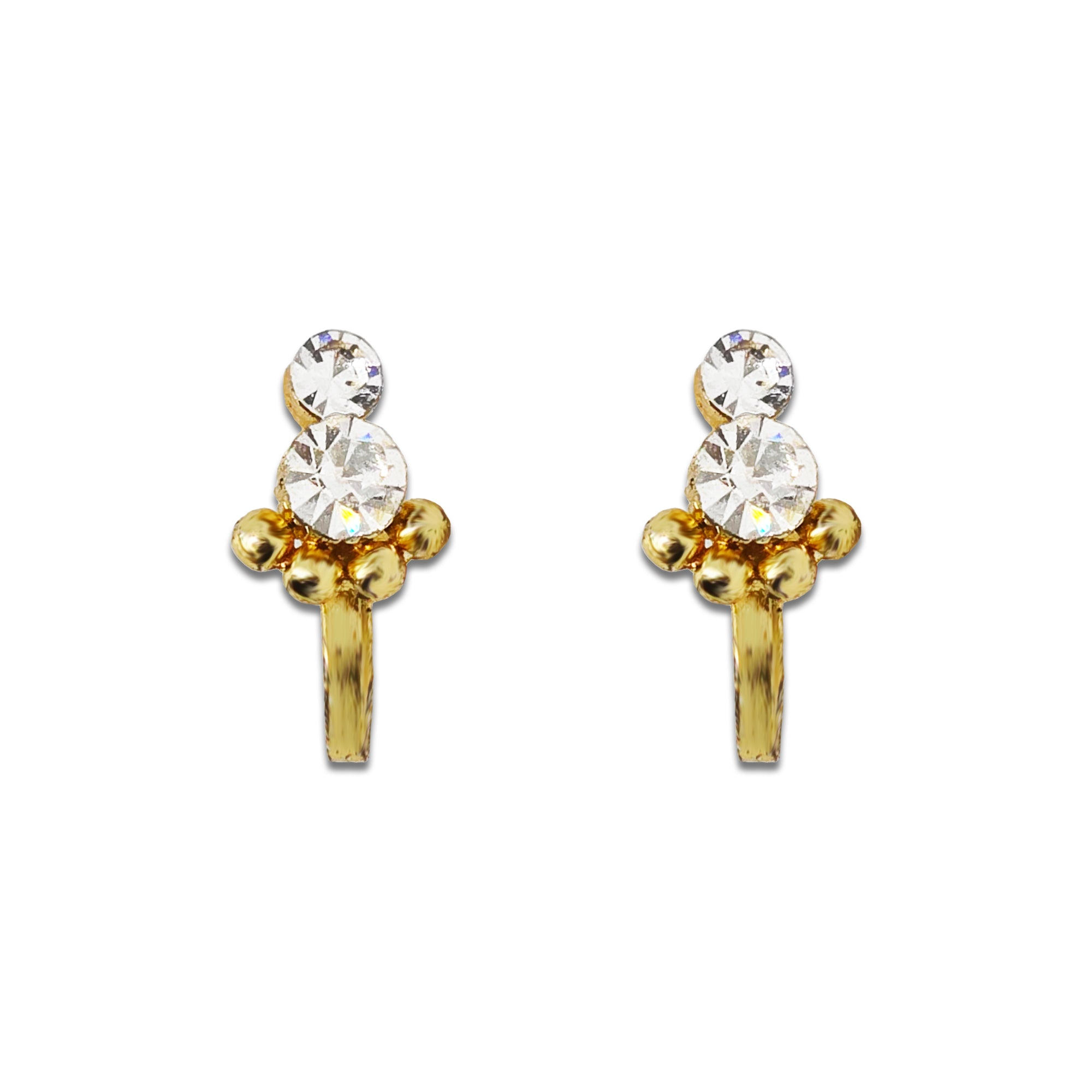 Comet Busters golden crystal solitaire stick-on nose studs featuring a round clear rhinestone in a sleek gold-tone hoop design for women and girls.