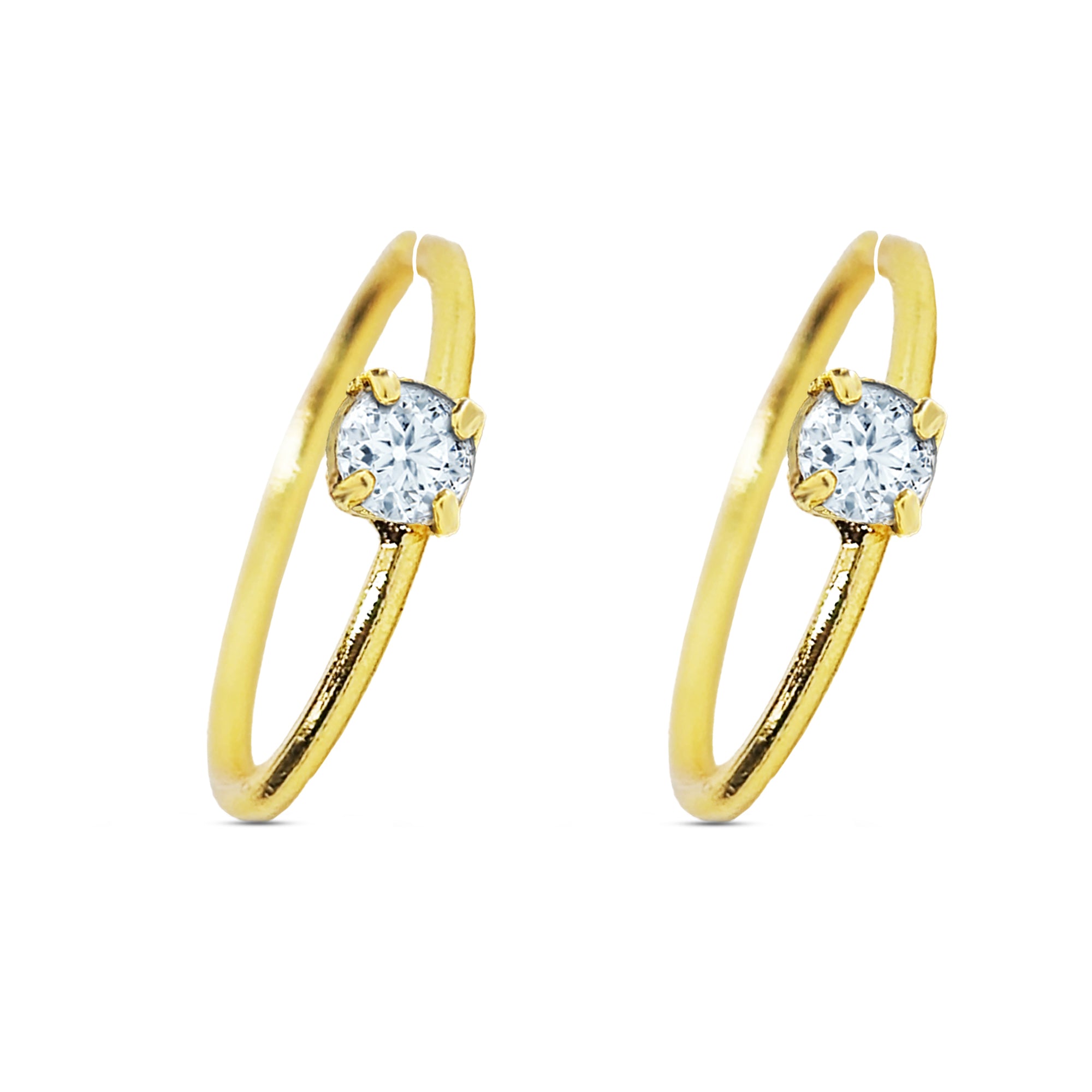 Comet Busters golden crystal solitaire stick-on nose studs featuring a round clear rhinestone in a sleek gold-tone hoop design for women and girls.