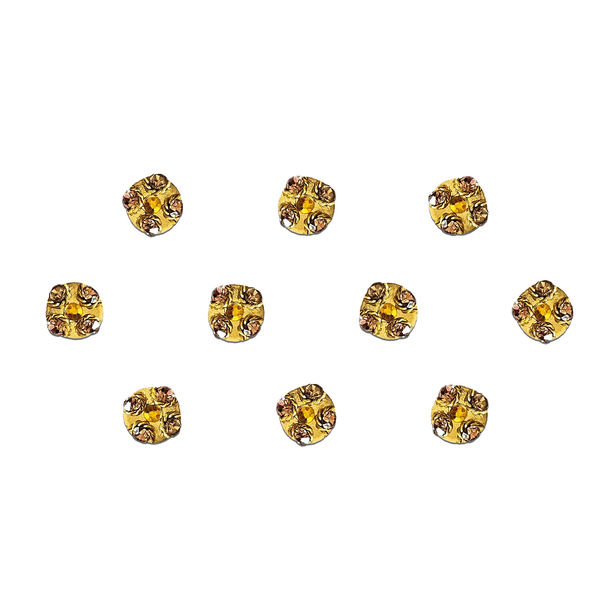 Comet Busters golden round bindis with sparkling crystal stone detailing in a premium mini designer style for festive and ethnic wear.