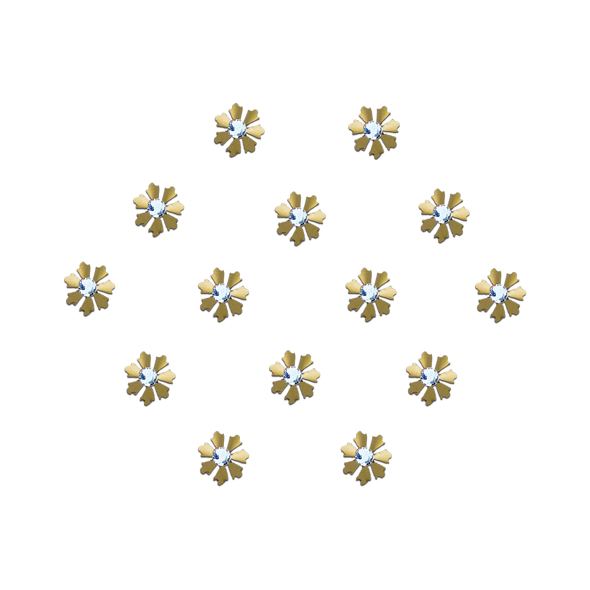 Golden floral designer bindi with petal-shaped detailing and sparkling crystal stone center, elegant stick-on forehead accessory for festive and ethnic wear.