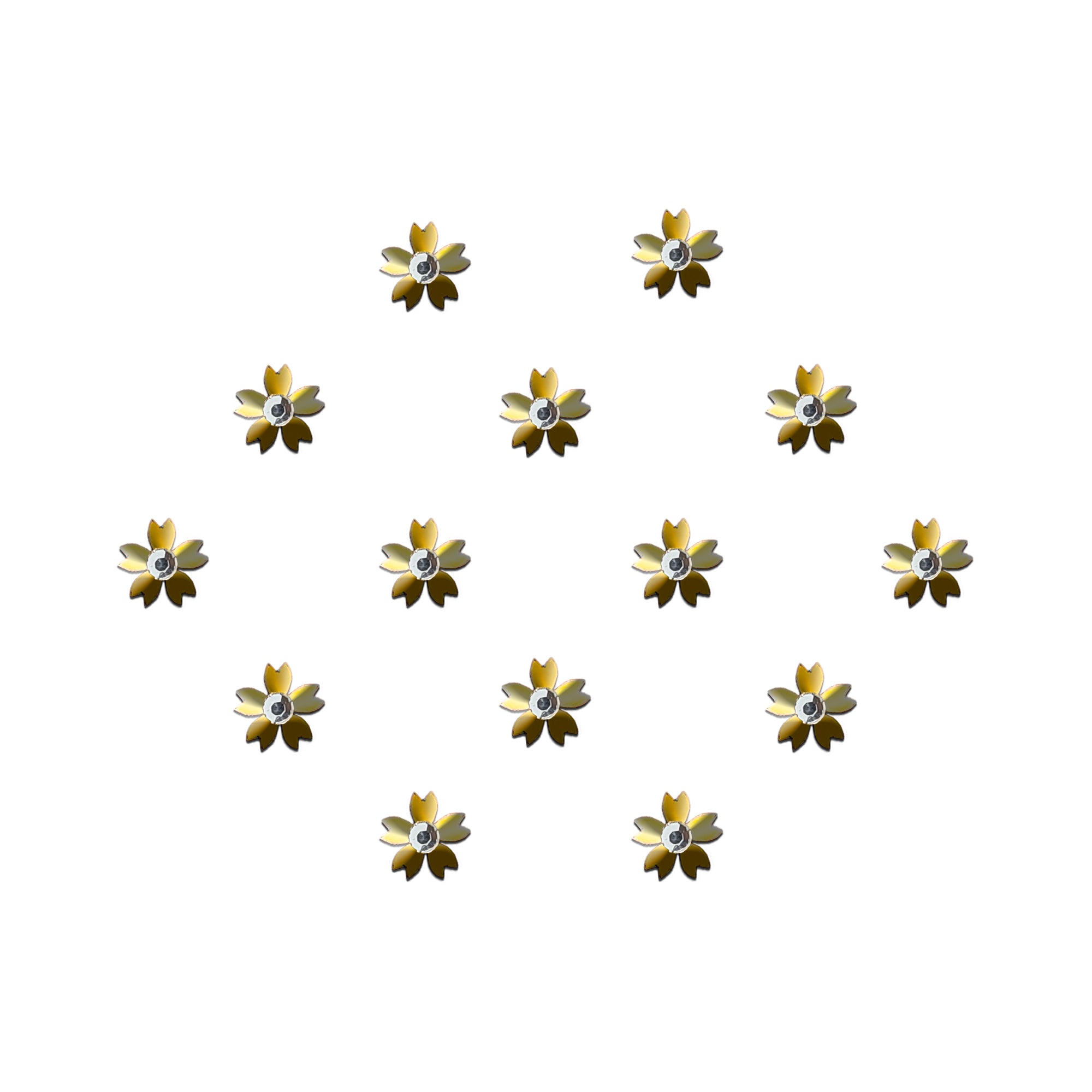 Golden floral designer bindi with petal-shaped detailing and sparkling crystal stone center, elegant stick-on forehead accessory for festive and ethnic wea