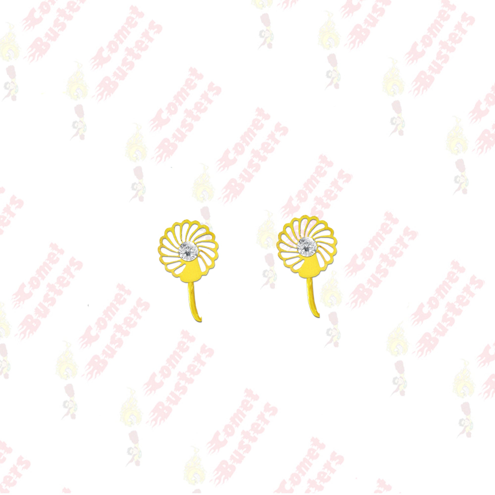 Comet Busters golden floral nose stud featuring a daisy-inspired flower design with a sparkling clear center crystal and curved clip-on style, perfect for traditional and festive looks.