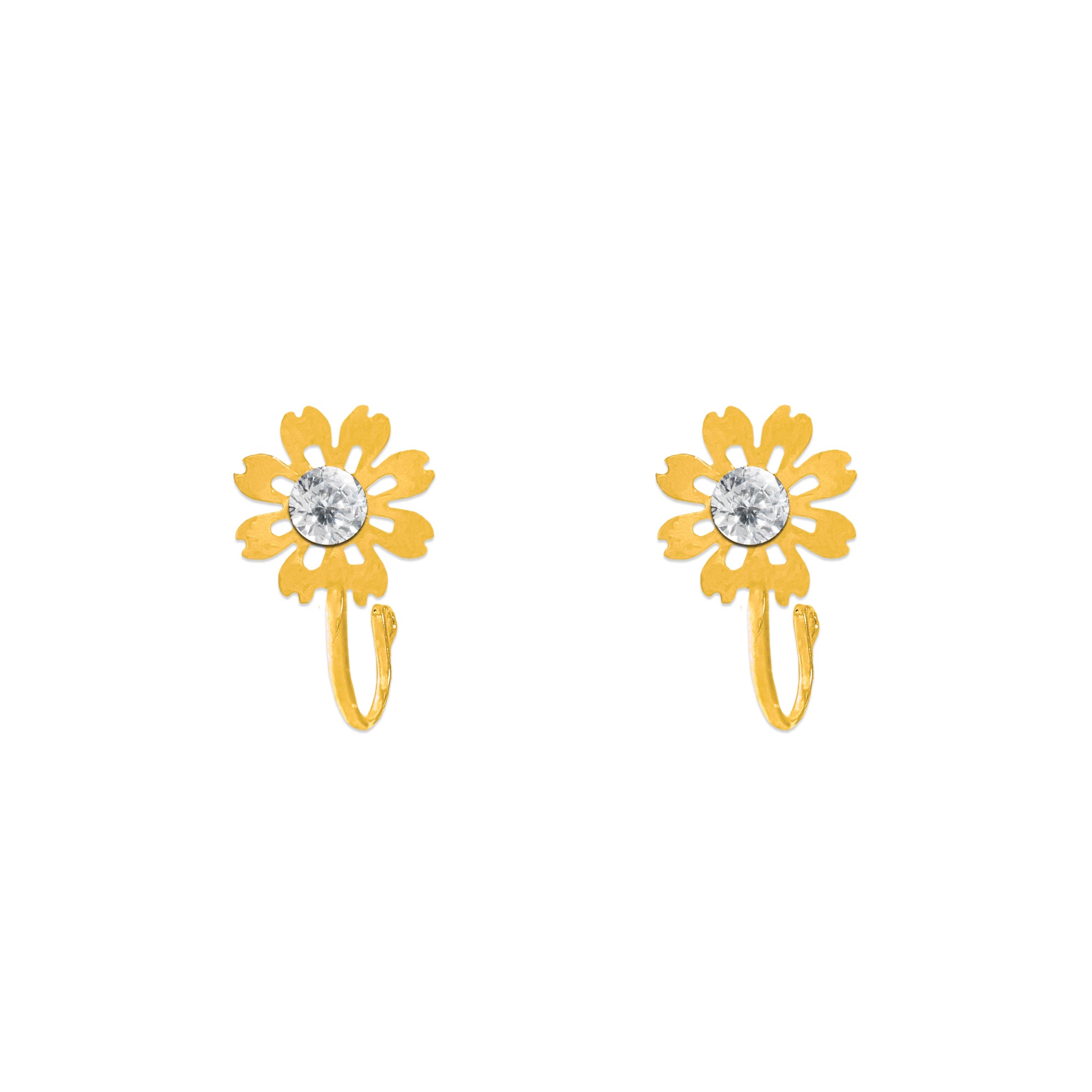 Comet Busters golden floral nose stud featuring a daisy-inspired flower design with a sparkling clear center crystal and curved clip-on style, perfect for traditional and festive looks.
