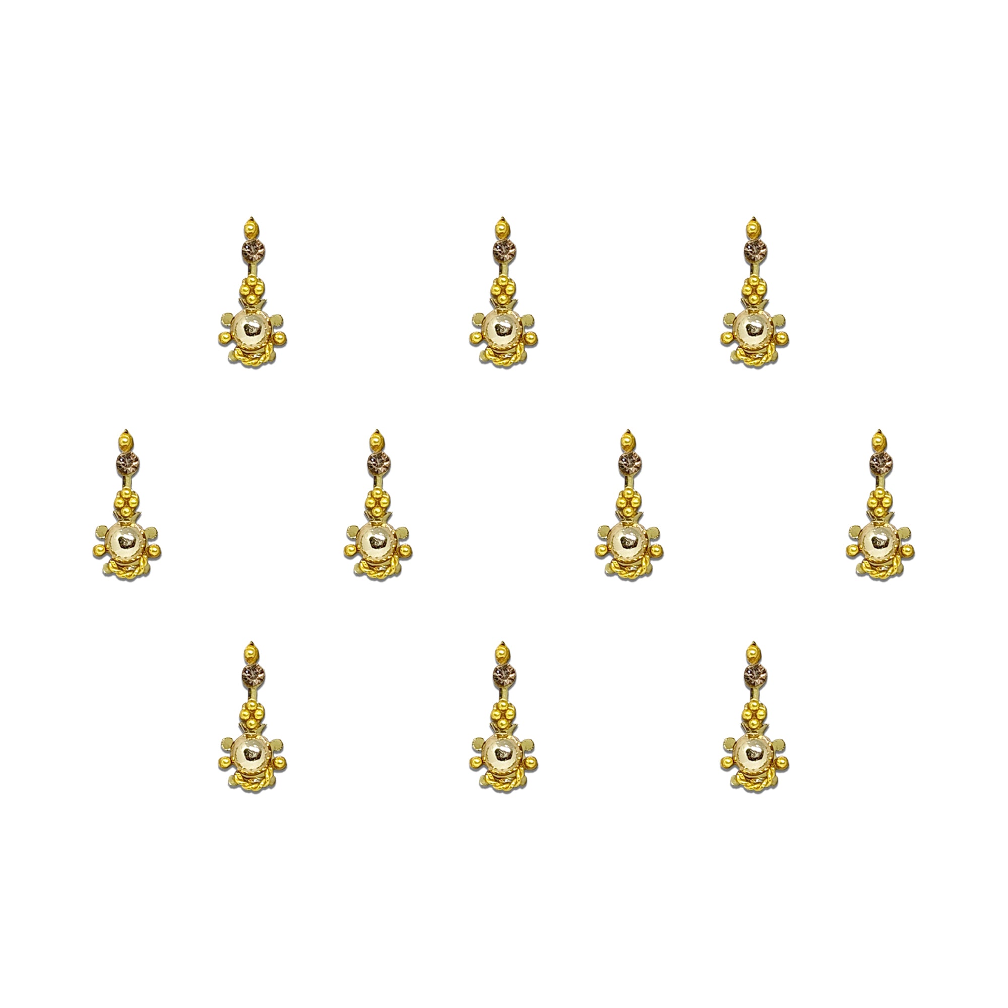 "Comet Busters designer bindis featuring sparkling crystal stones arranged vertically above a central pearl accent with delicate golden bead detailing