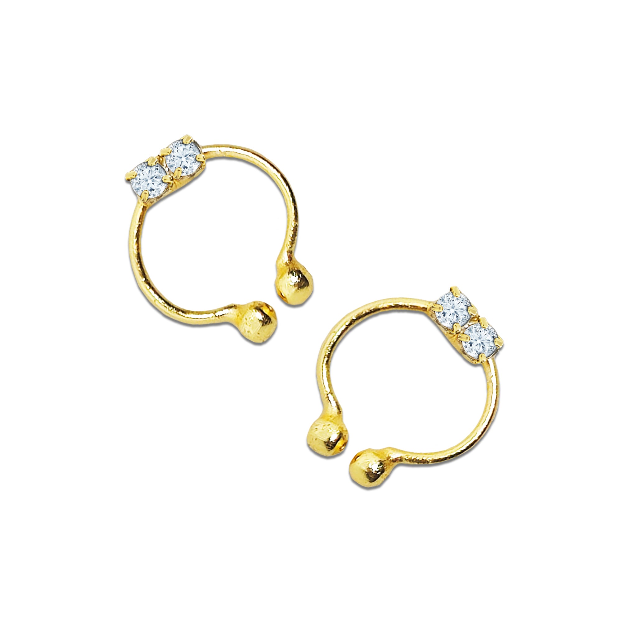 Comet Busters golden double crystal hoop stick-on nose studs featuring two clear sparkling stones and an open hoop design for an elegant traditional look.