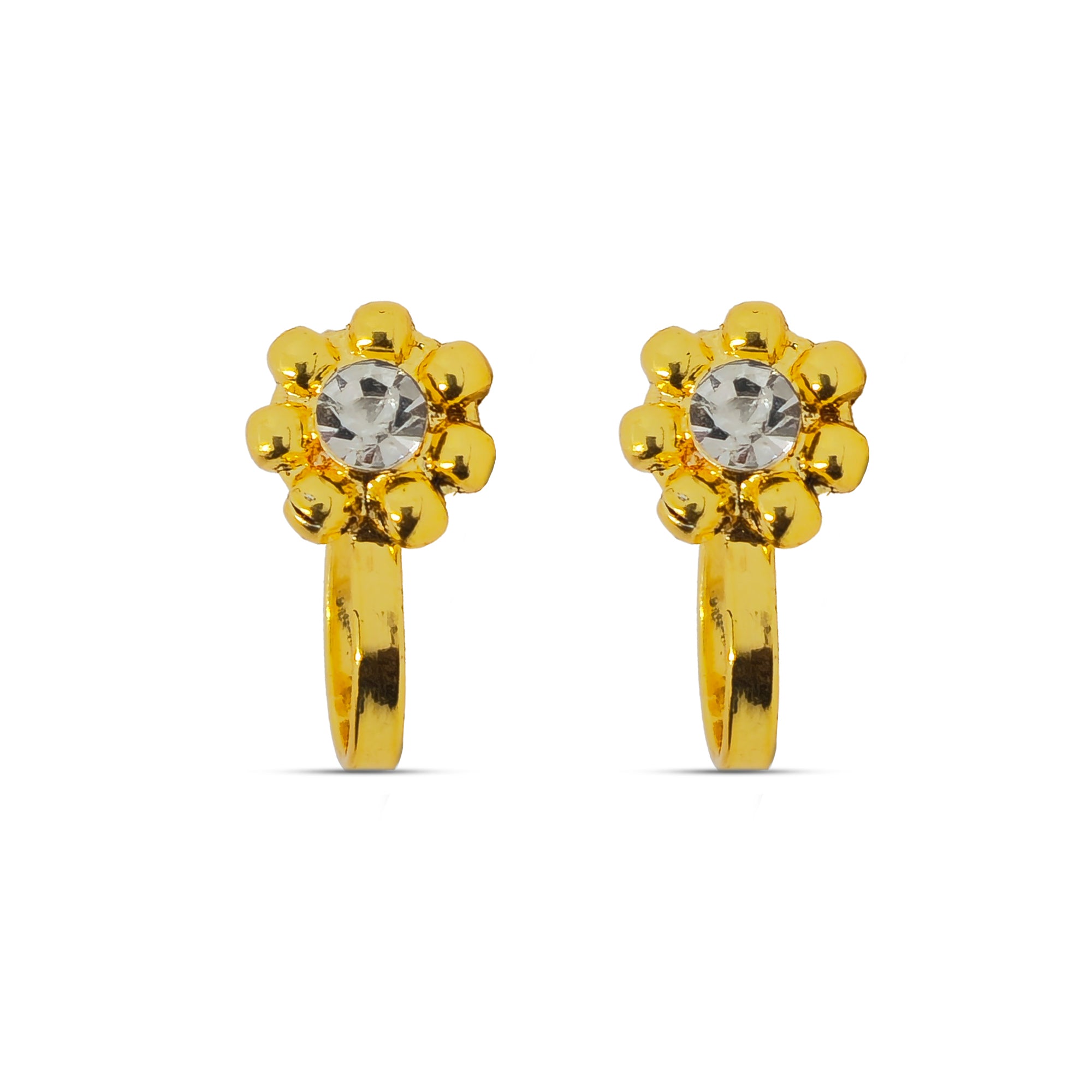 Comet Busters golden floral clip-on nose stud featuring a round clear crystal surrounded by rounded golden petals, shown with its adjustable clip-on fitting, perfect for traditional and festive looks.
