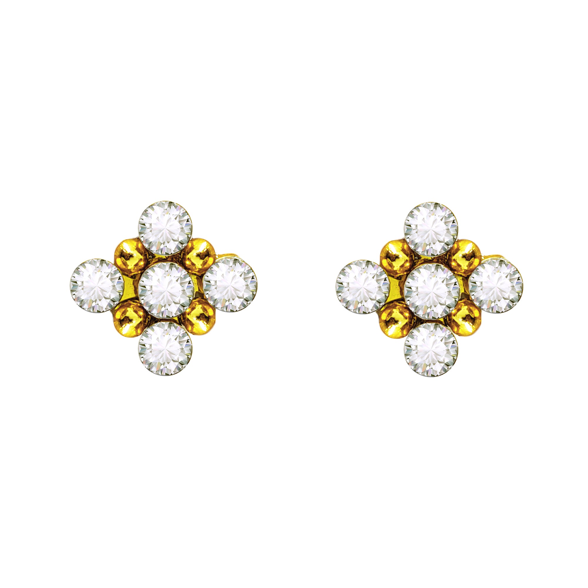 Comet Busters gold tone floral ear stud featuring clear crystal rhinestones and golden bead detailing in a symmetrical flower design for women and girls