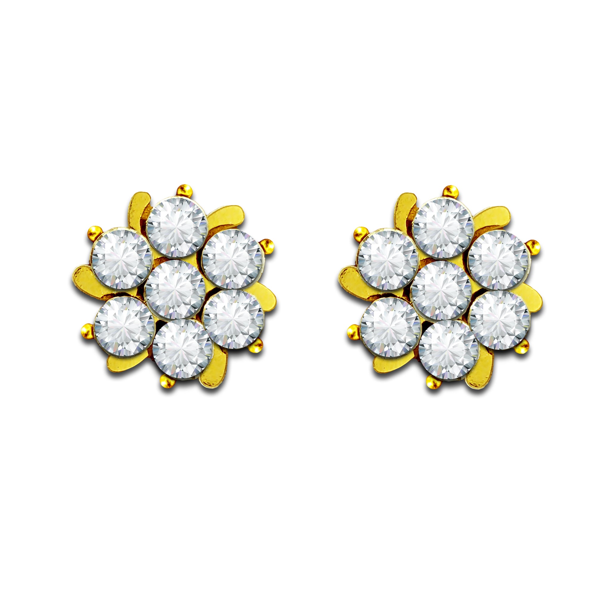 Comet Busters Golden Floral Ear Stud with Clear Crystal Rhinestones arranged in a layered flower cluster design for women and girls