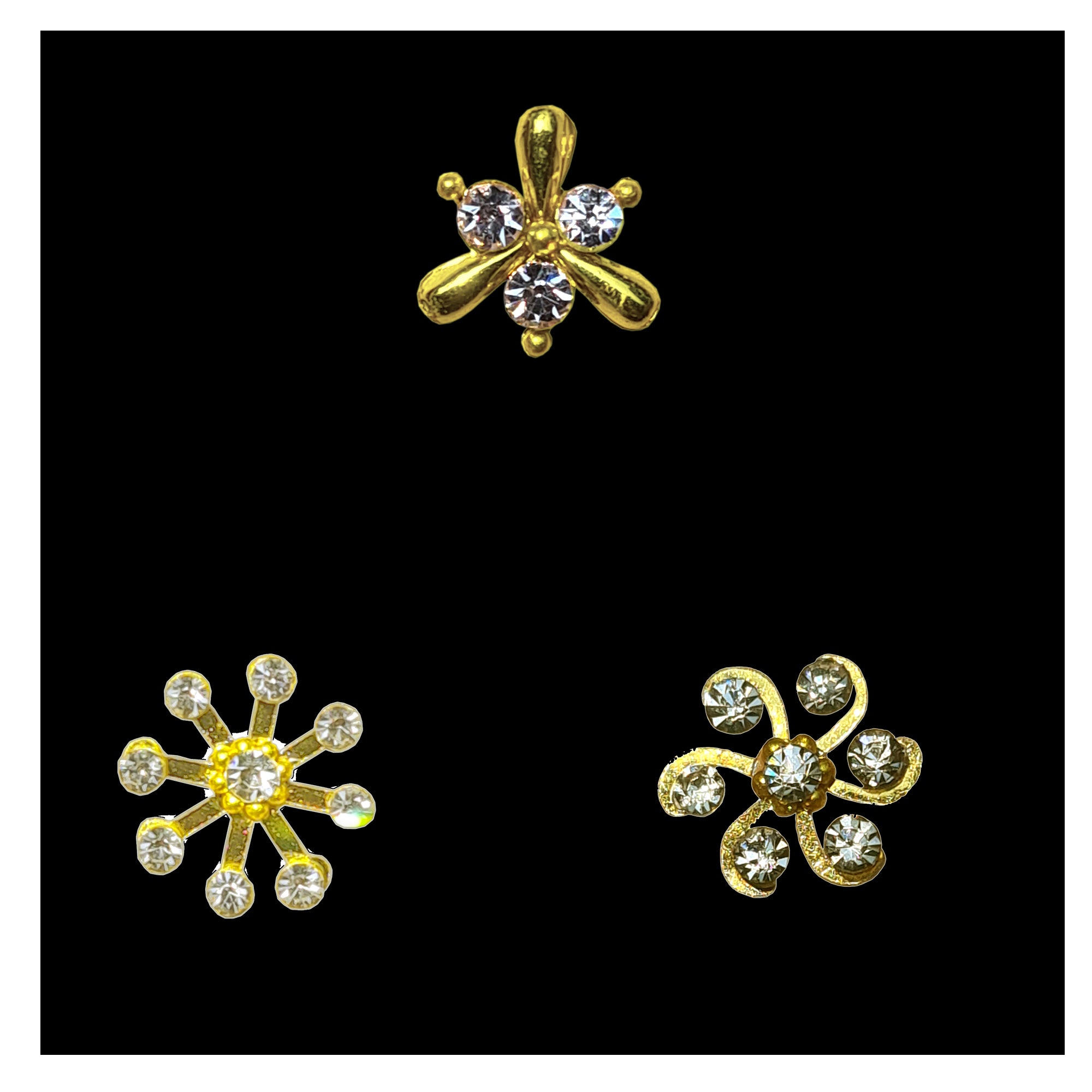 Comet Busters golden floral nose stud with three clear crystal stones and elegant gold petal detailing for women and girls