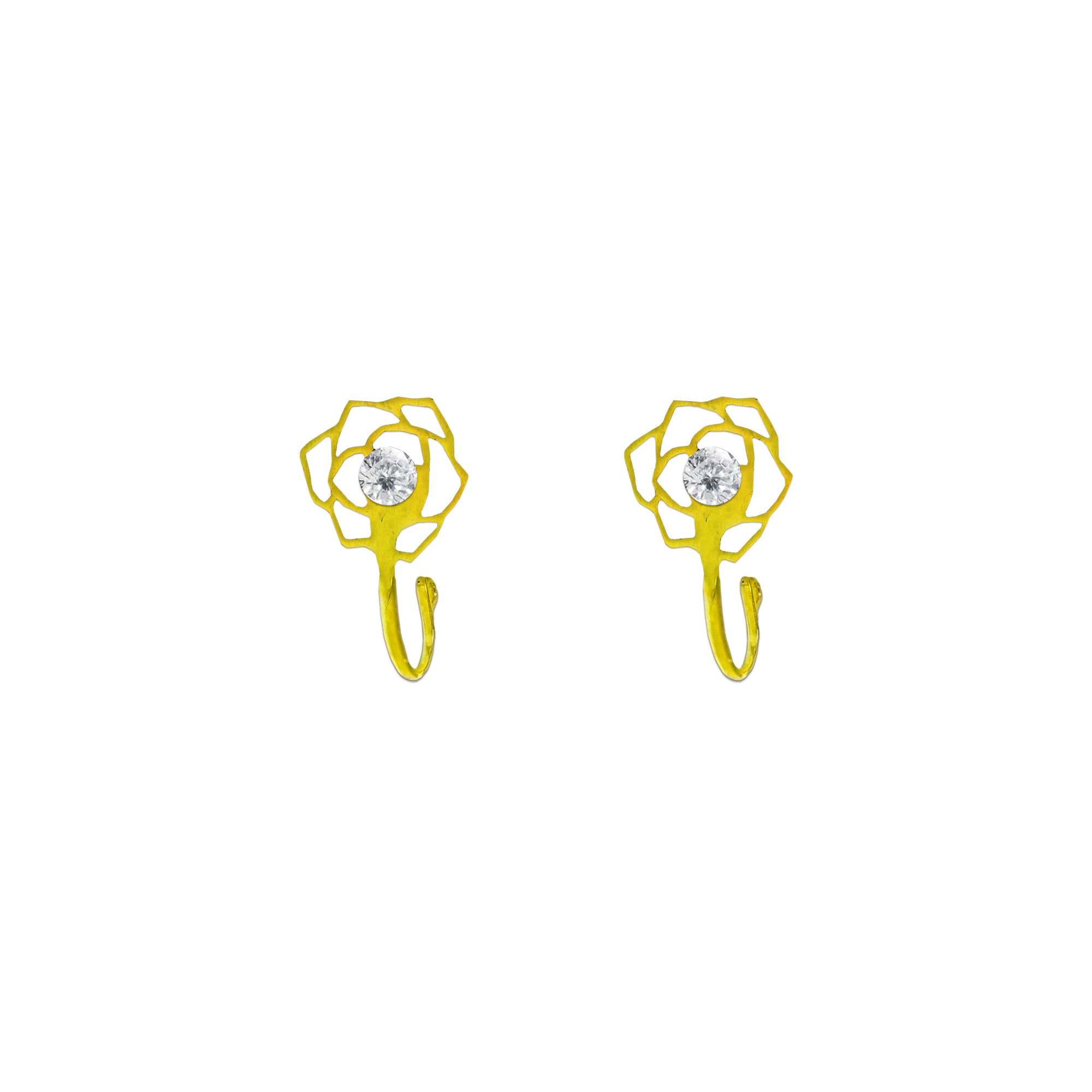 Comet Busters golden floral nose stud featuring a daisy-inspired flower design with a sparkling clear center crystal and curved clip-on style, perfect for traditional and festive looks.