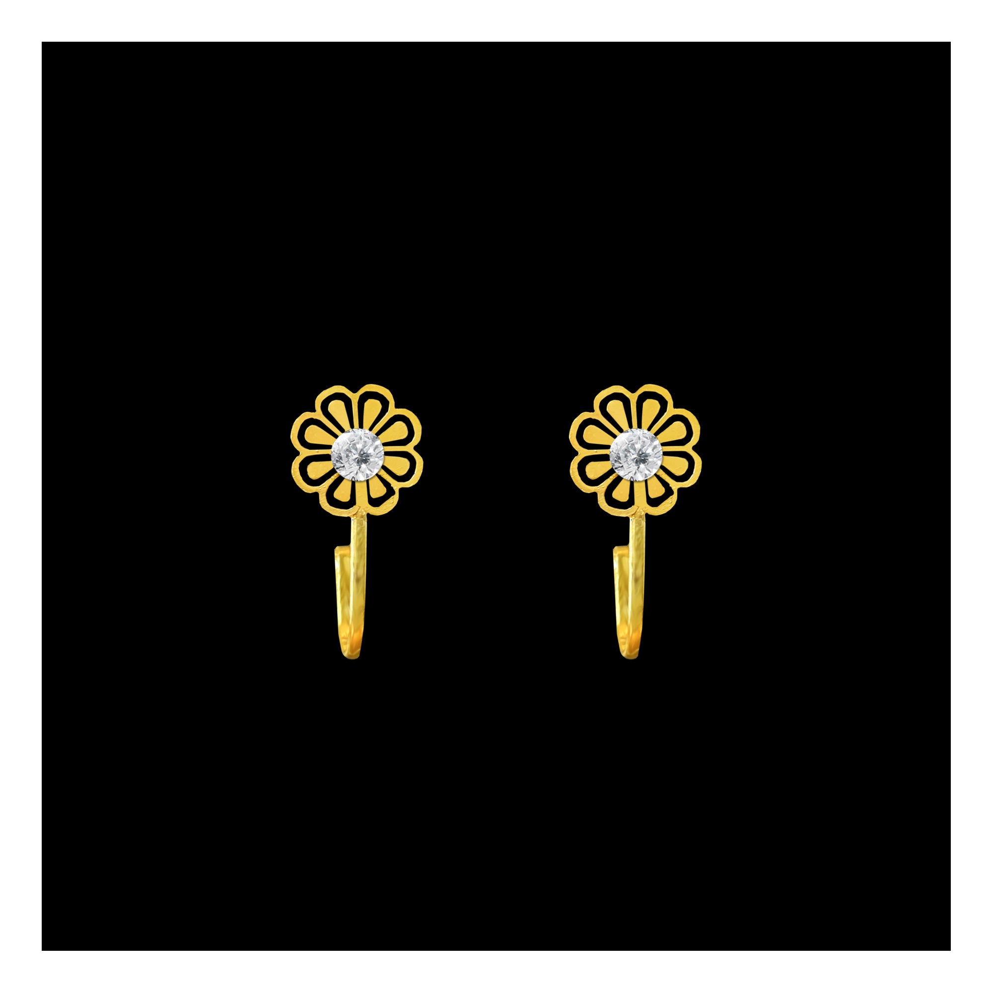 Comet Busters golden floral nose stud featuring an open flower design with a sparkling clear center crystal and a curved clip-on style, elegant for traditional and festive looks.