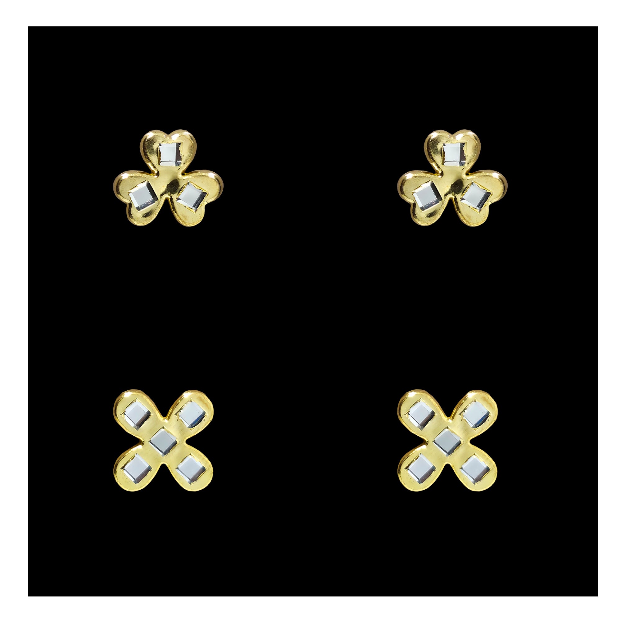 Comet Busters golden cross-shaped stick-on ear stud with five square crystal stones for women and girls