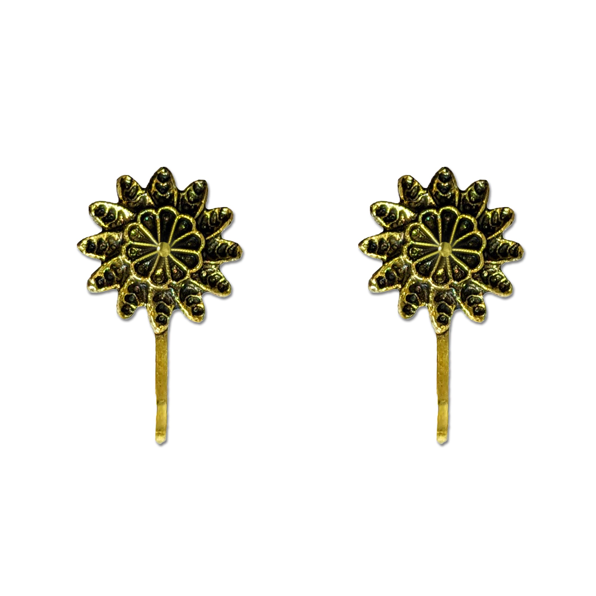 Comet Busters golden floral nose stud featuring five rounded petals with intricate spiral swirl detailing and a raised center, paired with a sleek stick fitting for traditional and ethnic looks.