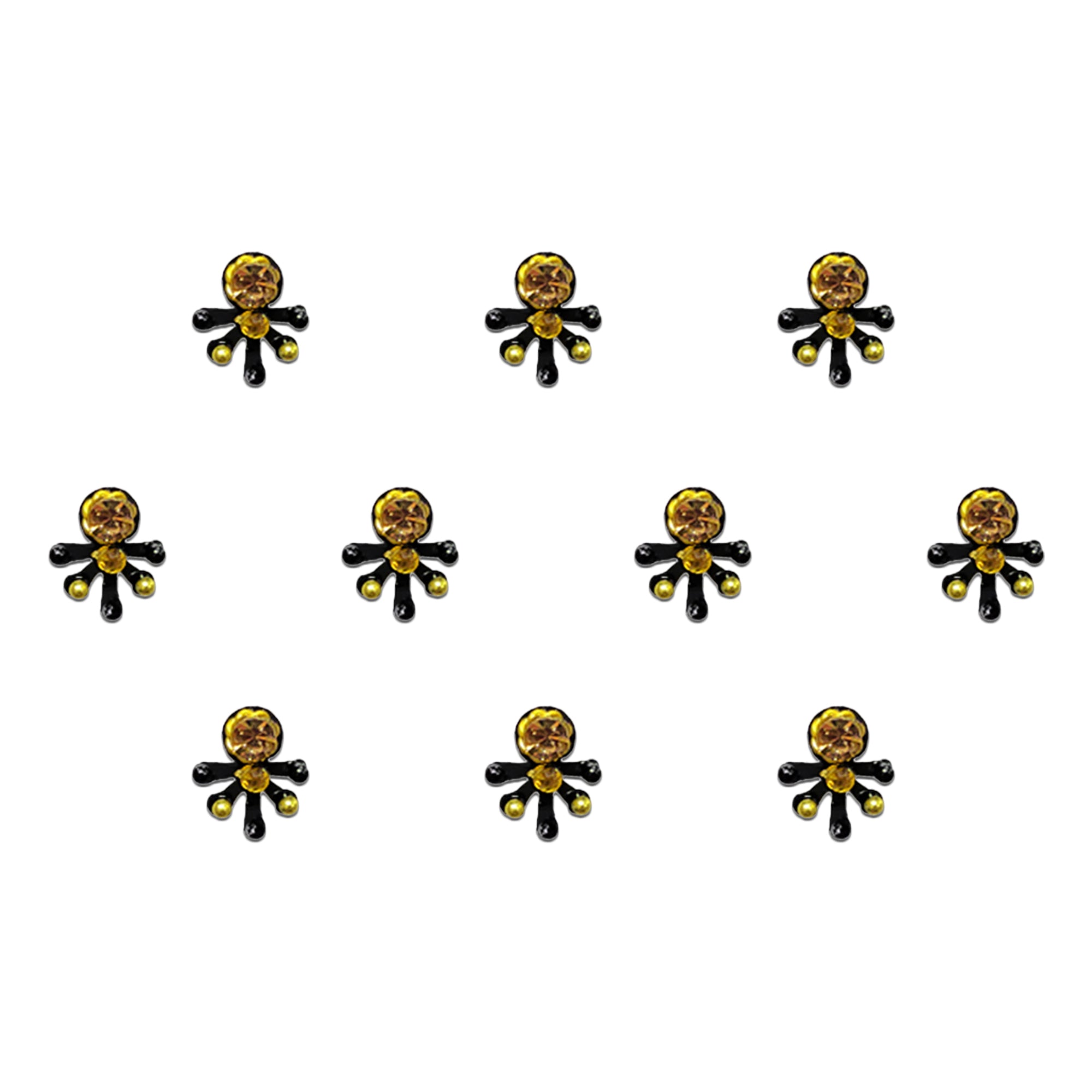 Comet Busters Golden Floral Designer Bindis featuring a gold stone centerpiece with black petal accents and golden bead detailing, elegant self-adhesive bindis for women and girls.